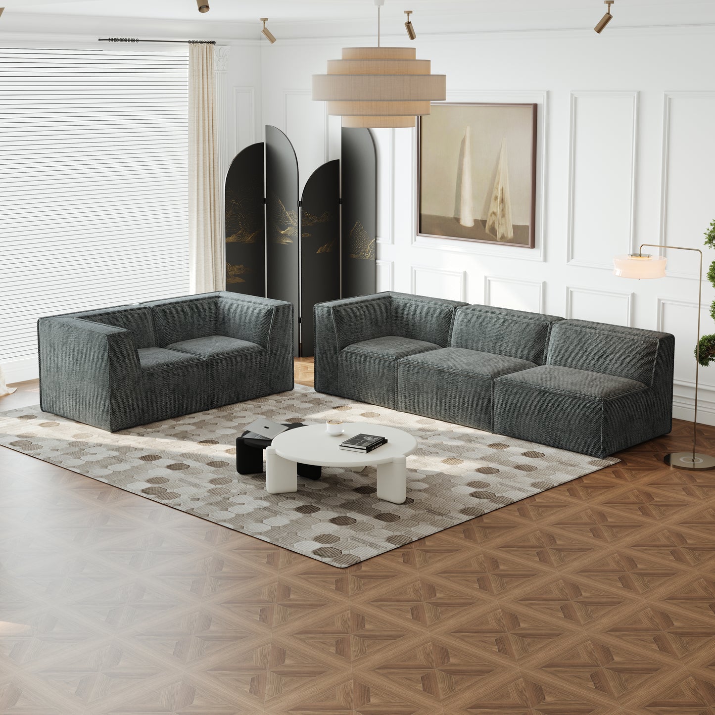 Dark gray modular sofa set with textured fabric contemporary design for a modern living room