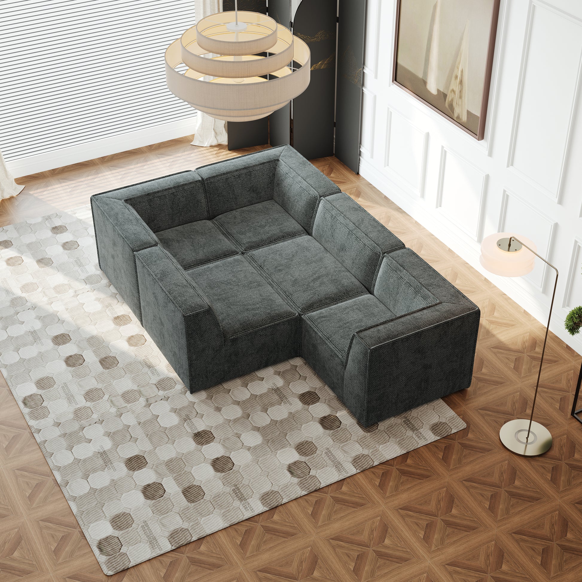 Dark gray modular sectional sofa with square tufted cushions modern style for living rooms