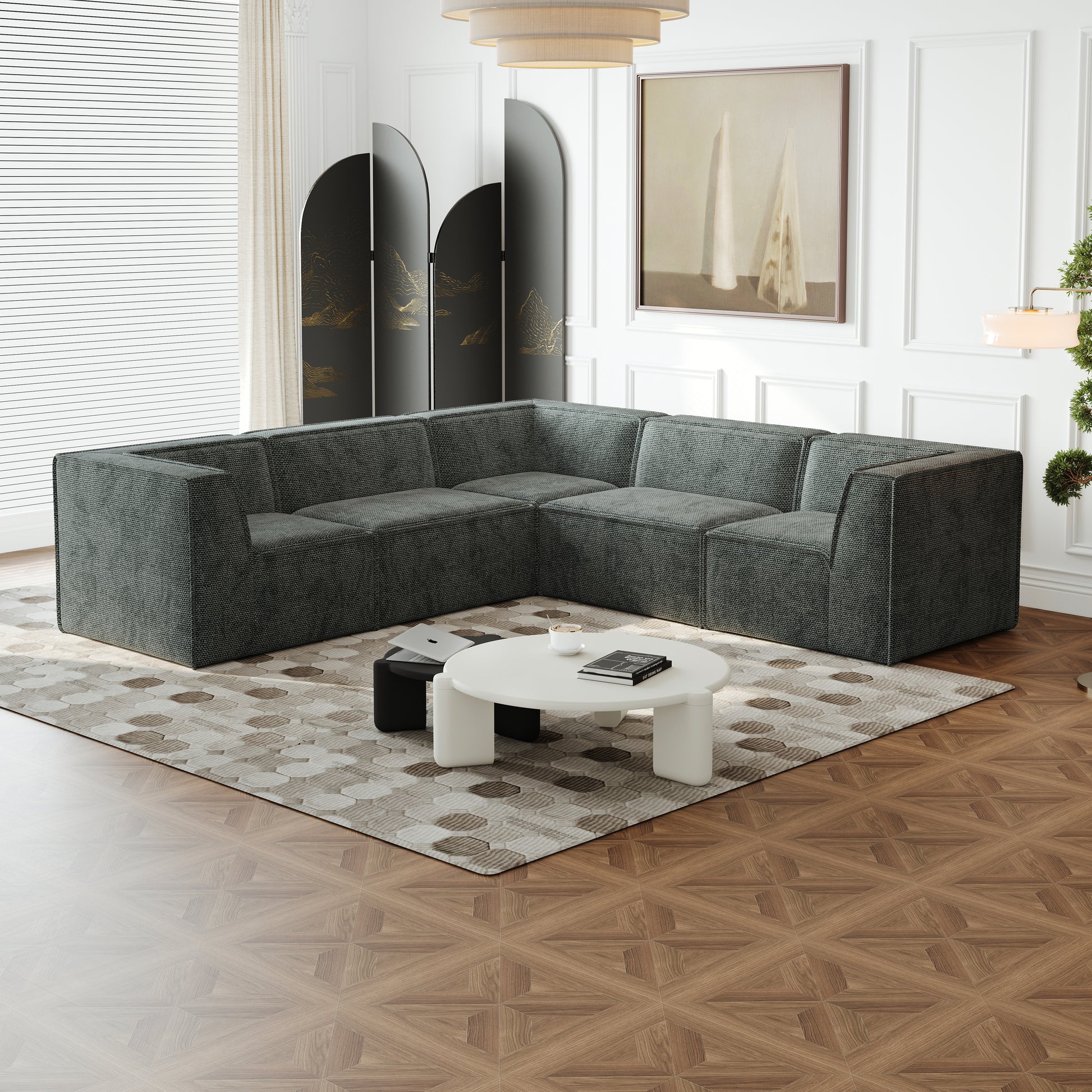Modern dark gray modular sectional sofa with textured fabric for contemporary living room