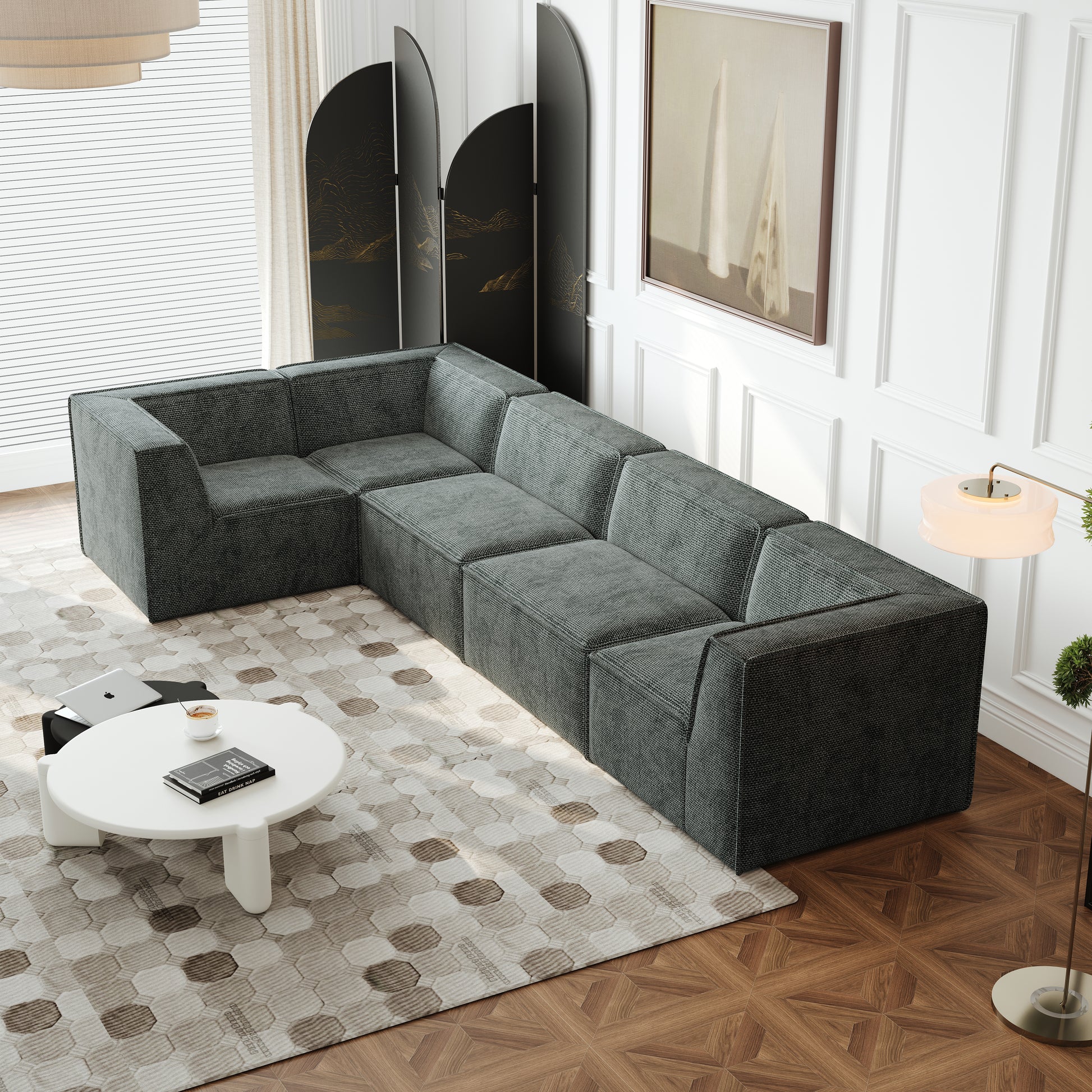Dark grey modular sofa with textured fabric perfect for modern living rooms