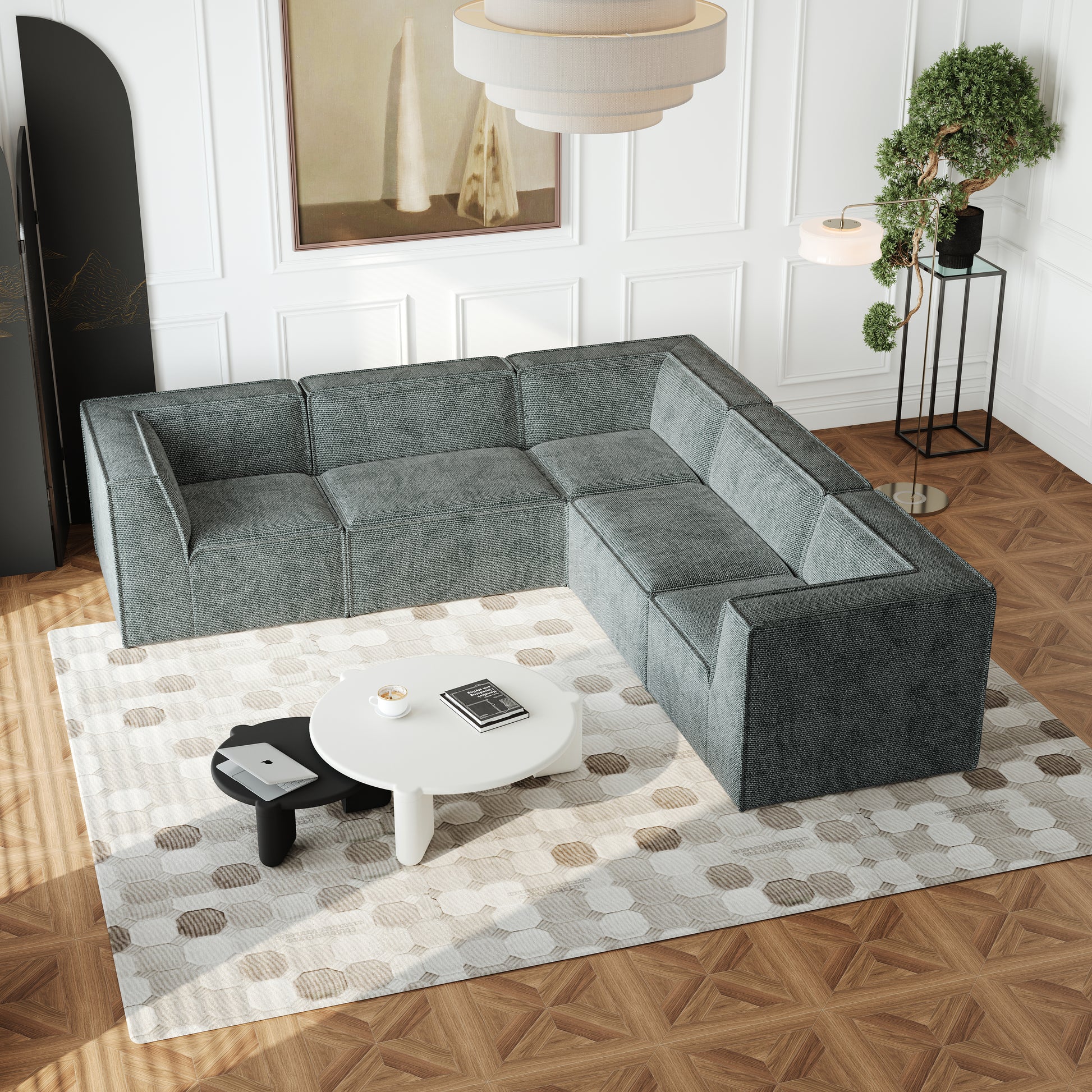 Deep grey sectional sofa with textured fabric perfect for modern living rooms