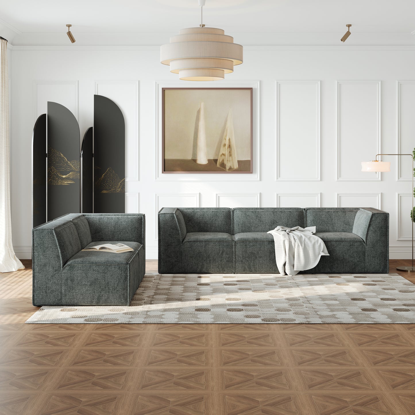 Deep green modular sofa with textured fabric and clean lines ideal for modern living rooms