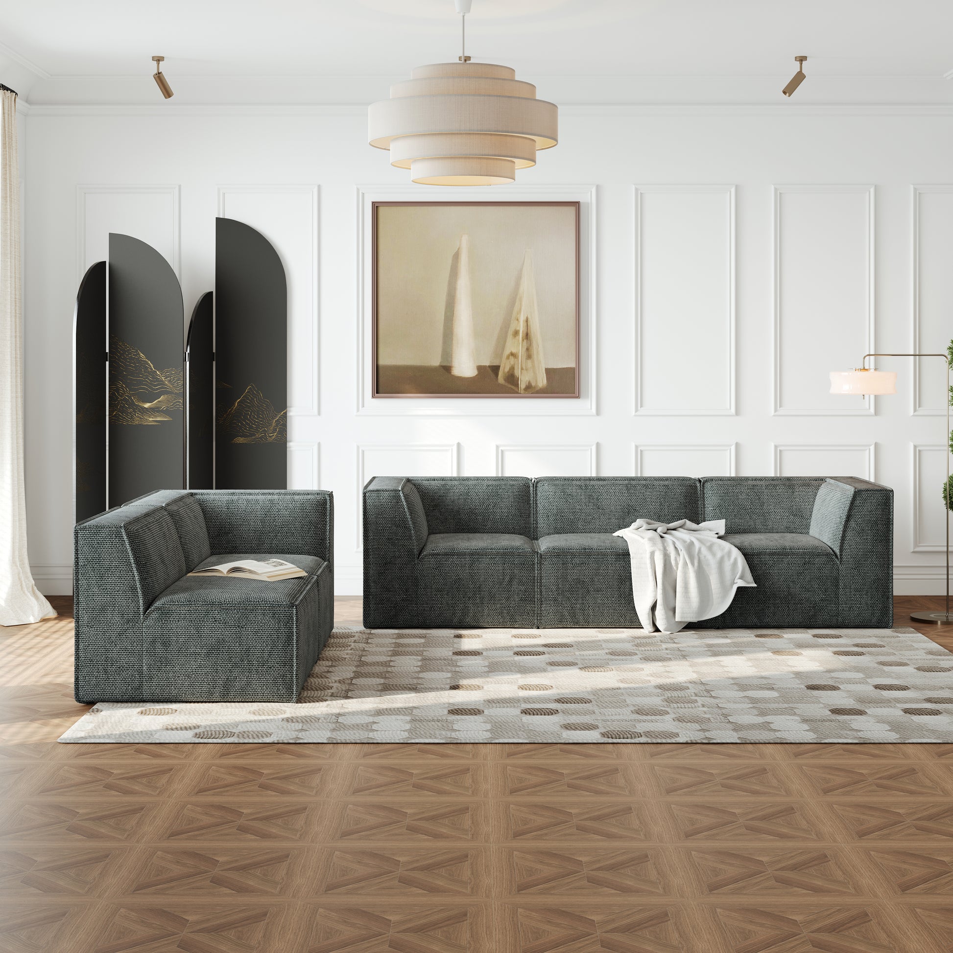 Deep green modular sofa with textured fabric and clean lines ideal for modern living rooms