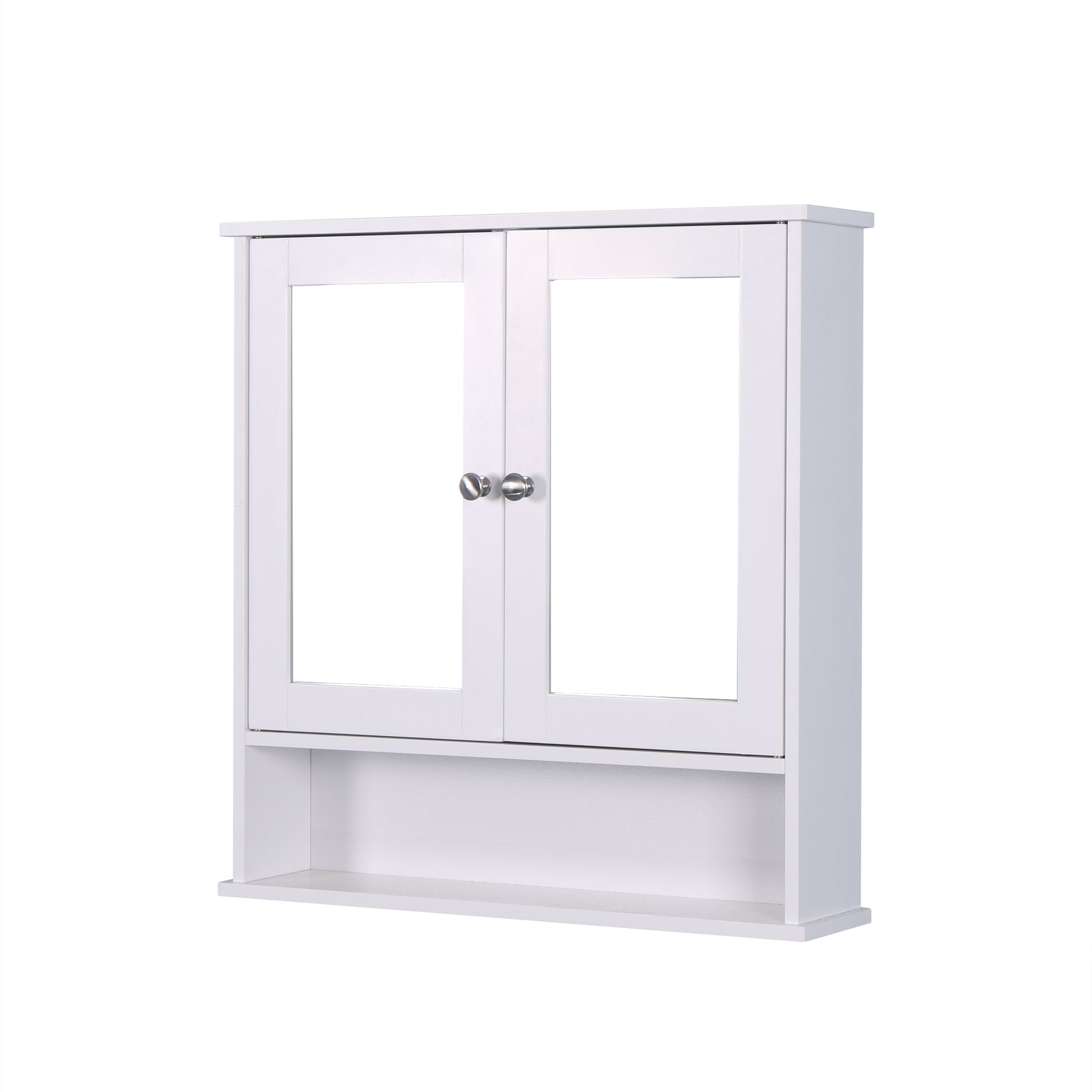 White wooden medicine cabinet with double mirrored doors and open shelf