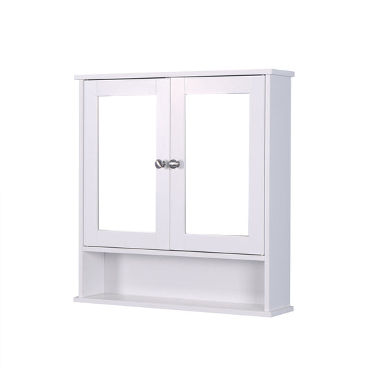 White wooden medicine cabinet with double mirrored doors and open shelf