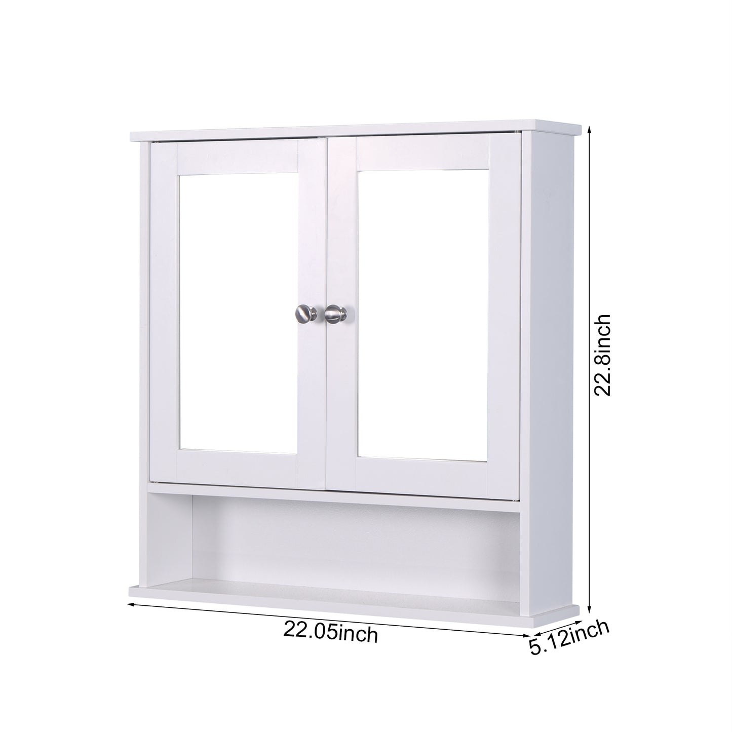 White mirrored medicine cabinet with double doors and open shelf for bathroom storage
