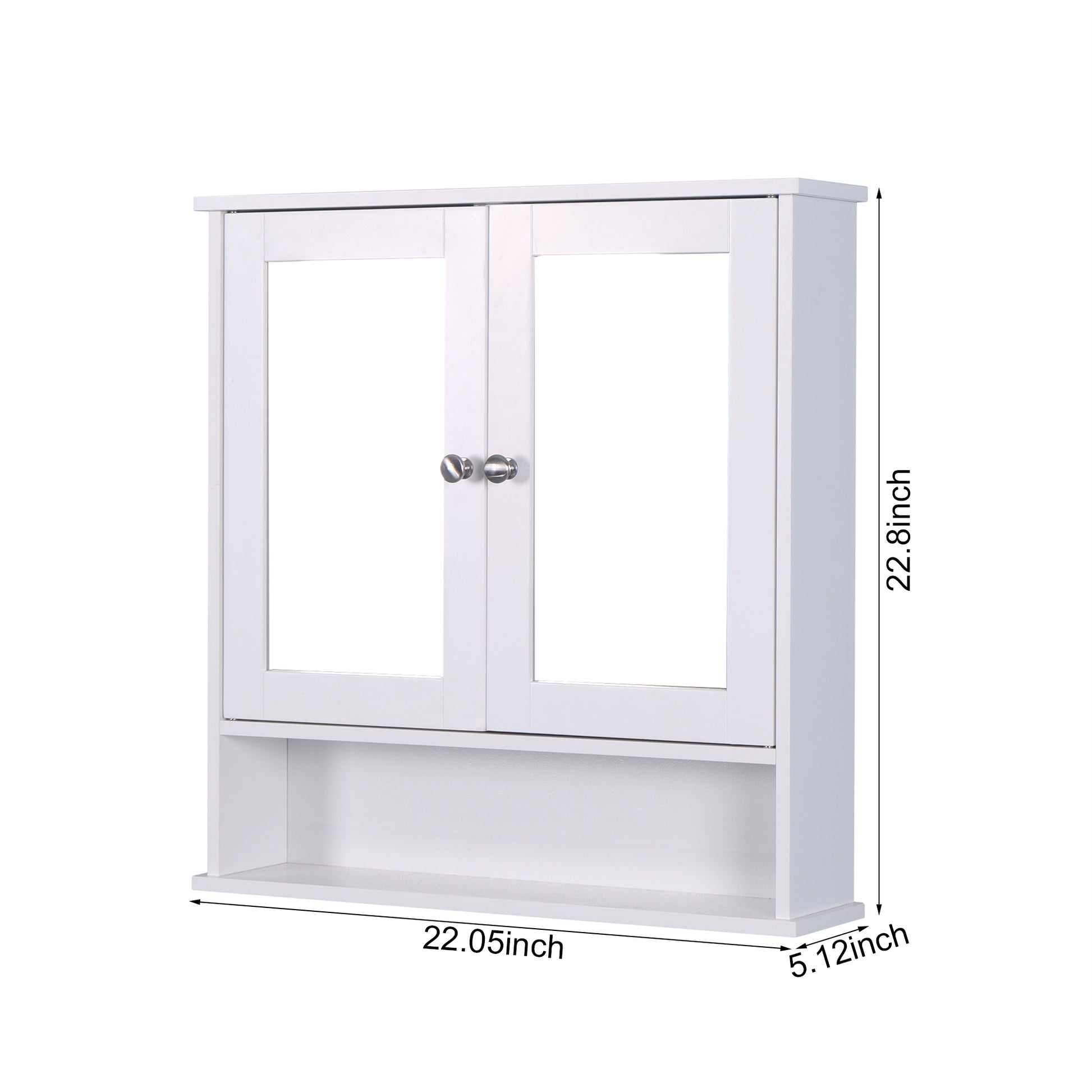 White mirrored medicine cabinet with double doors and open shelf for bathroom storage