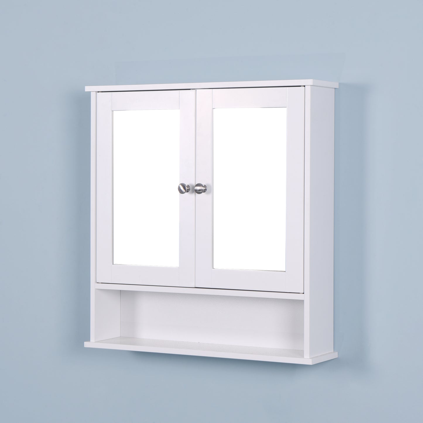 White mirrored medicine cabinet with two doors and a lower shelf