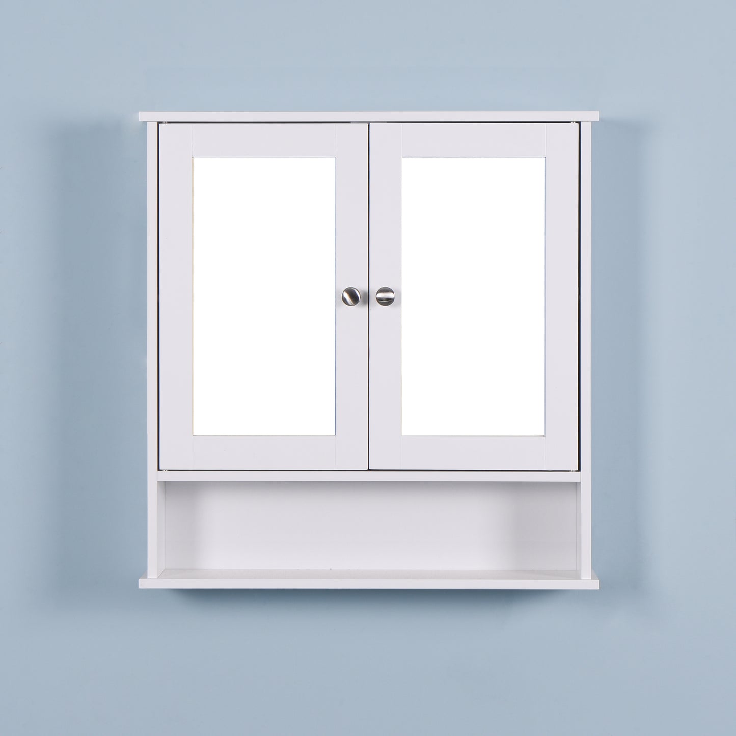 White wooden bathroom cabinet with mirrored doors and open shelf below