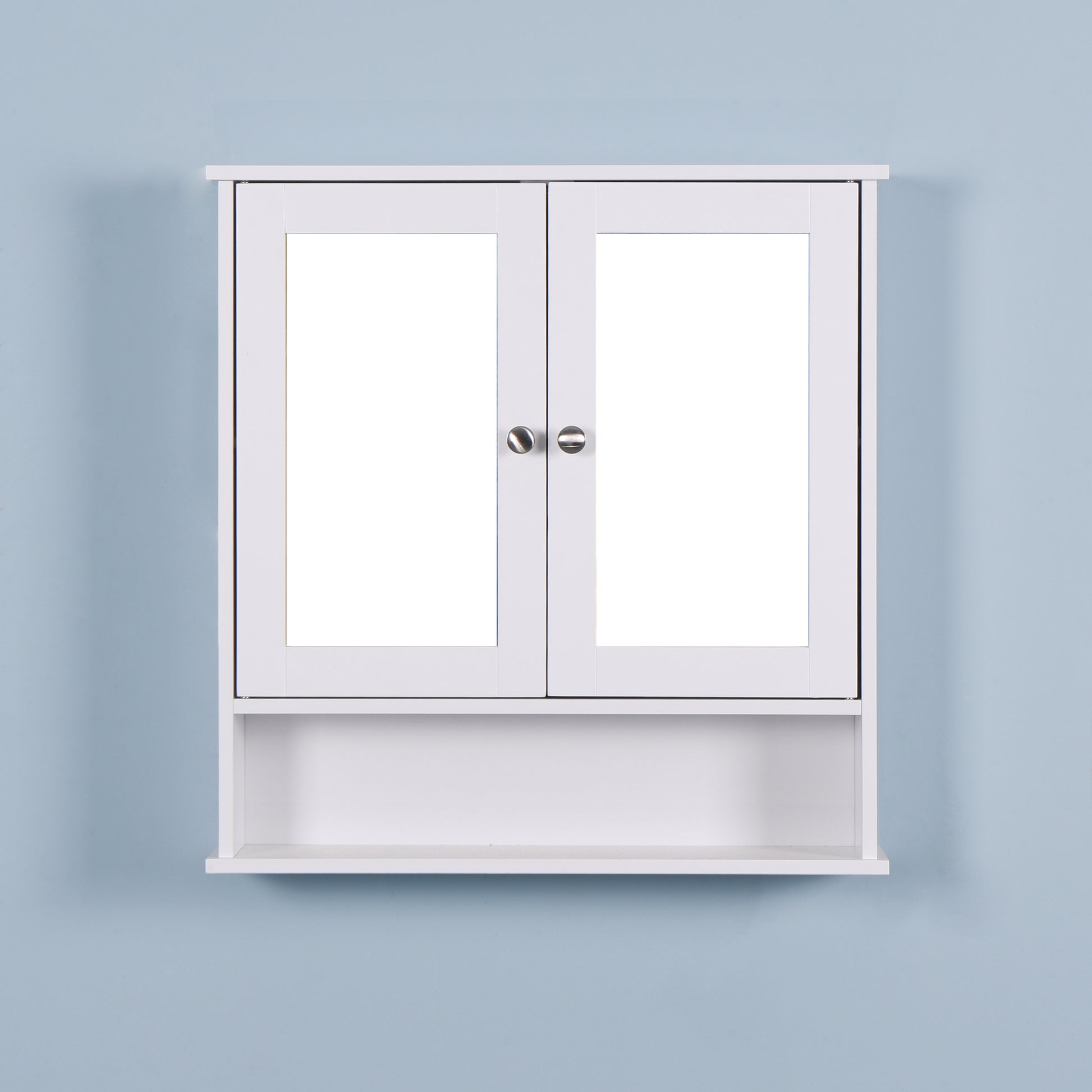 White wooden bathroom cabinet with mirrored doors and open shelf below
