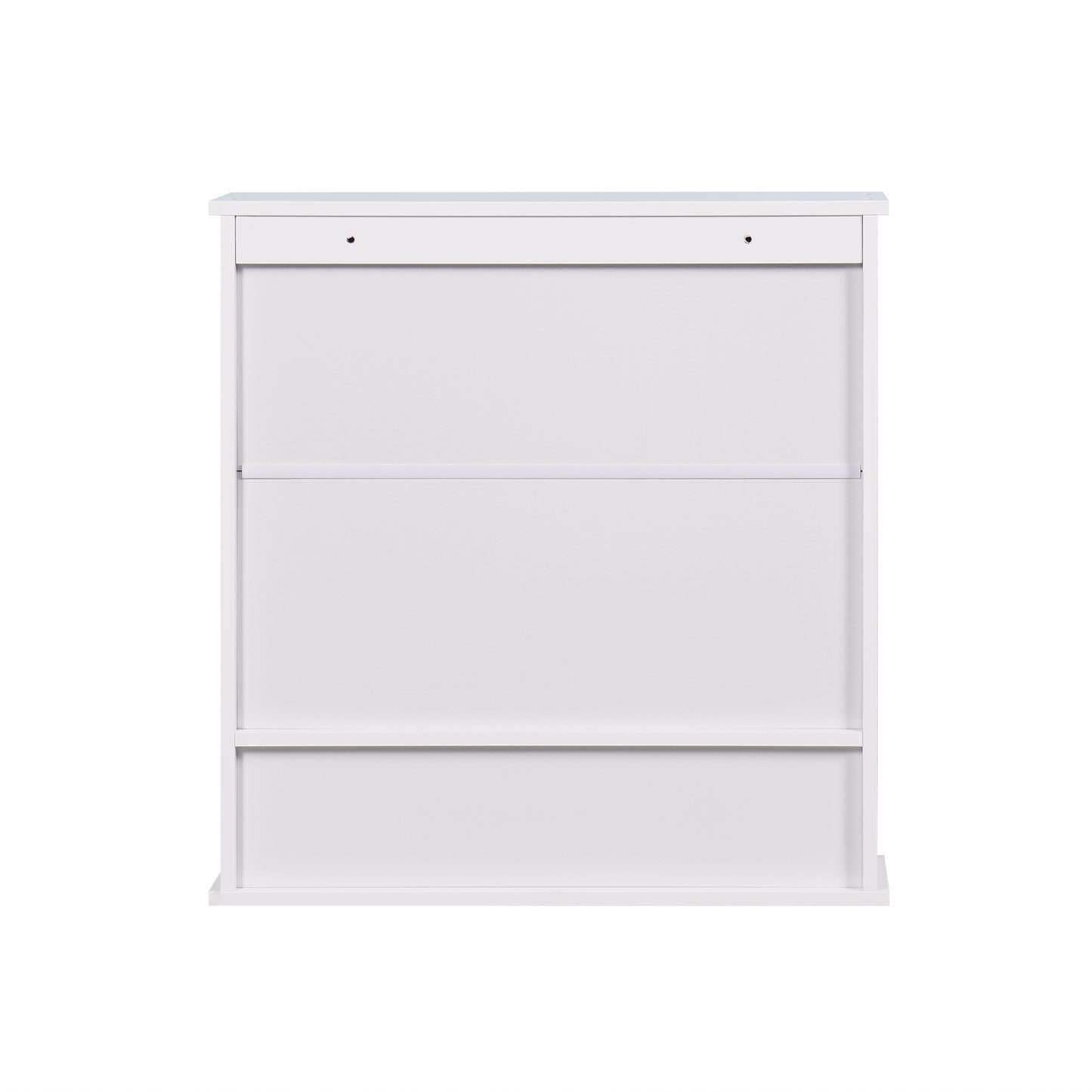 Minimalist white floating shelf with two visible mounting holes and a sleek horizontal bar