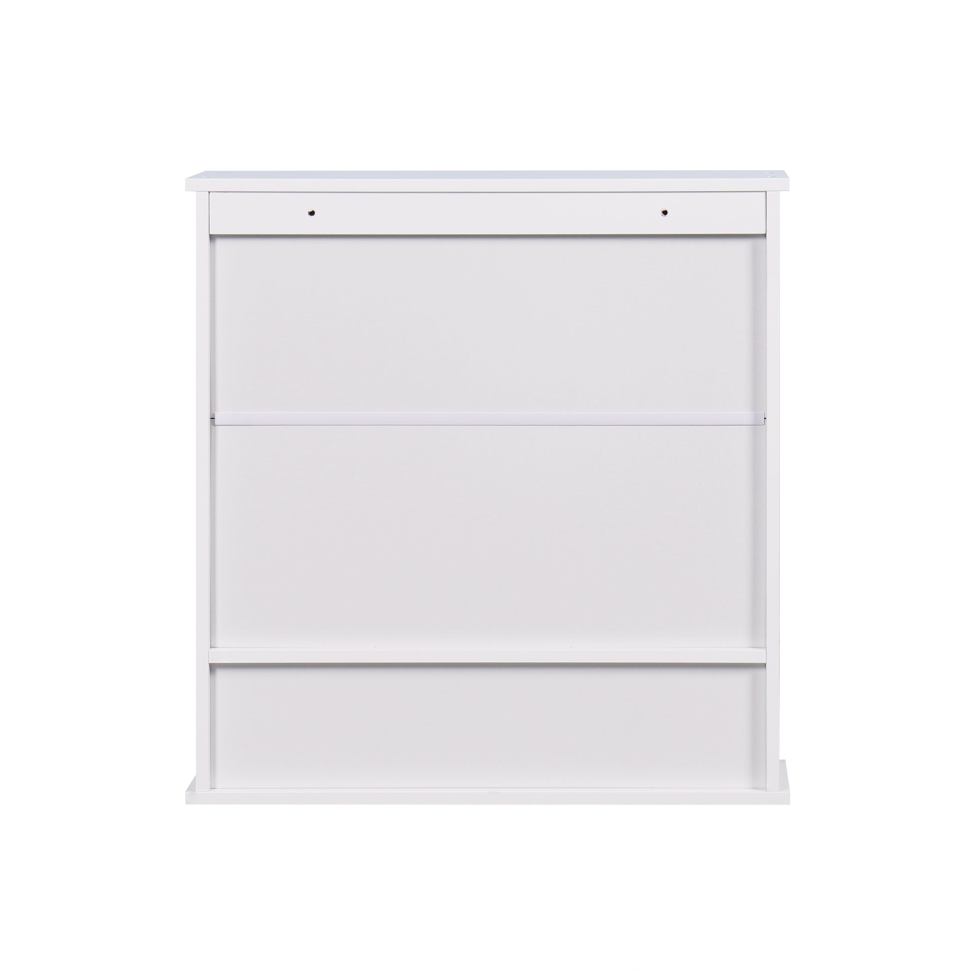 Minimalist white floating shelf with two visible mounting holes and a sleek horizontal bar