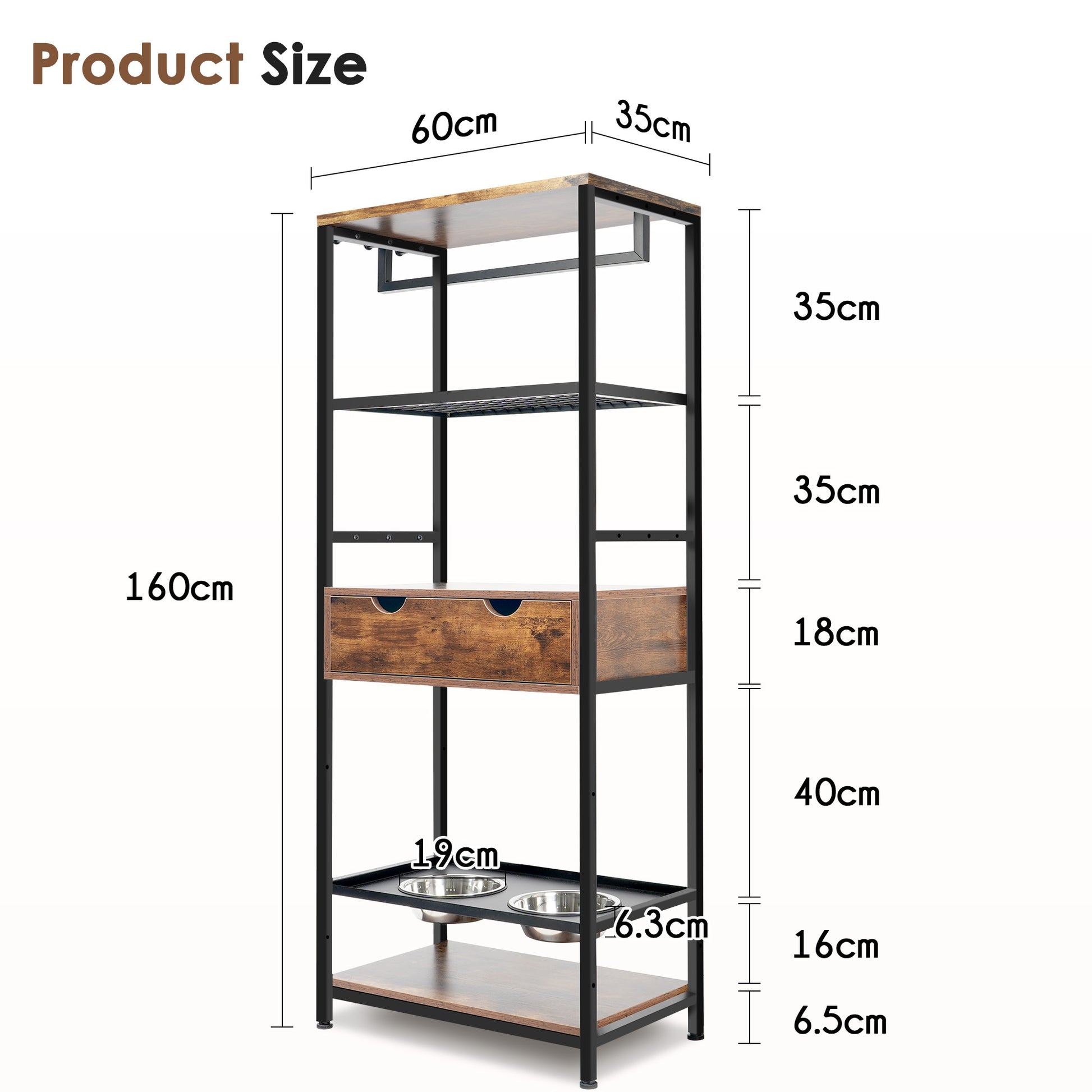 Pet feeding station with rustic wood drawers and black metal frame cm height