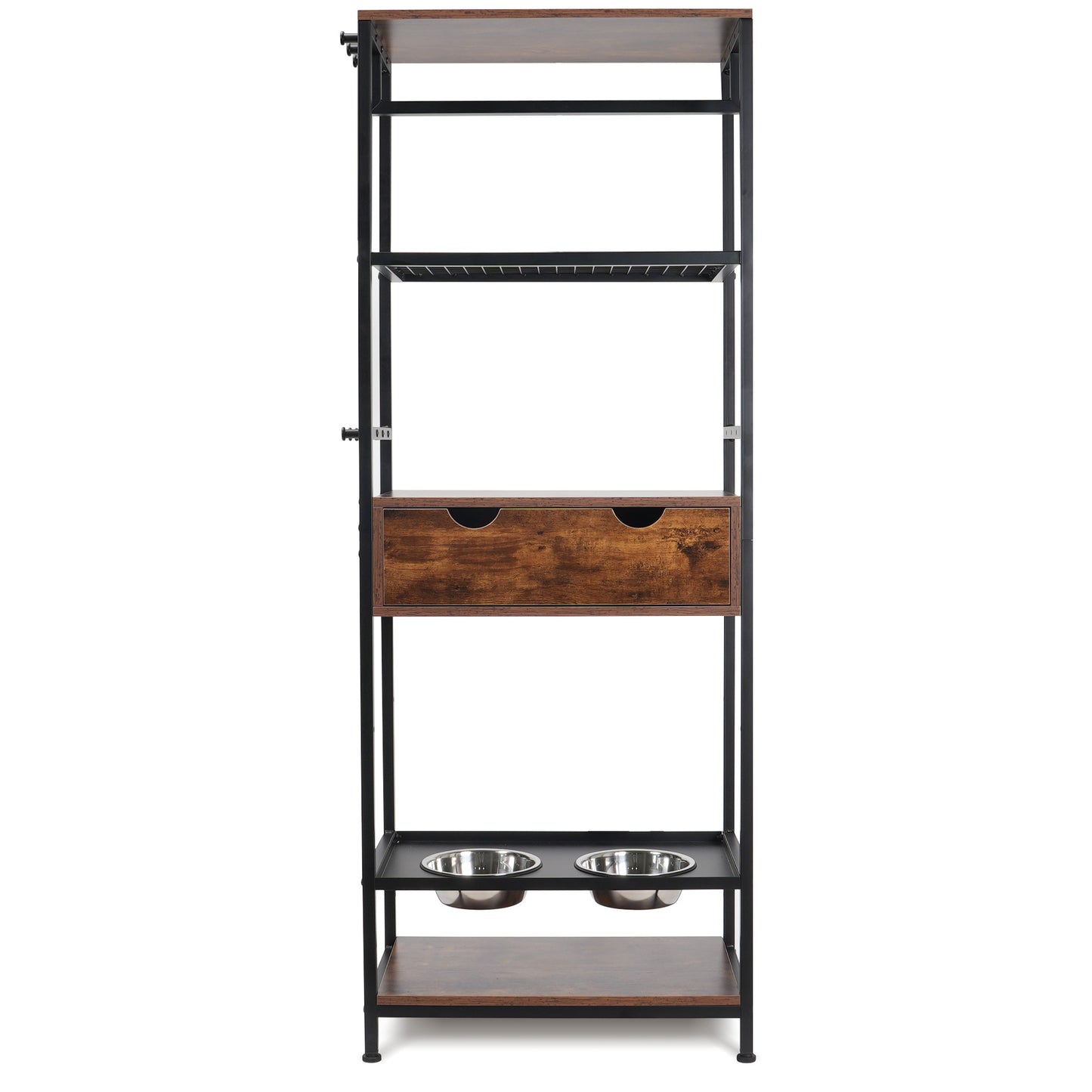 Rustic brown wood and black metal shelving unit with two stainless steel pet bowls