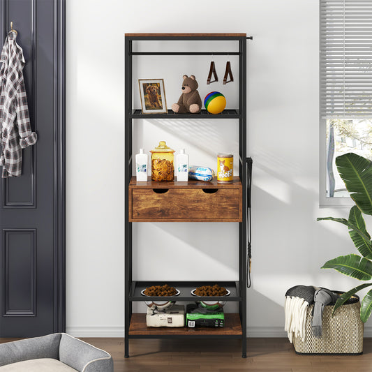 Rustic industrial bookshelf with dark wood shelves and black metal frame
