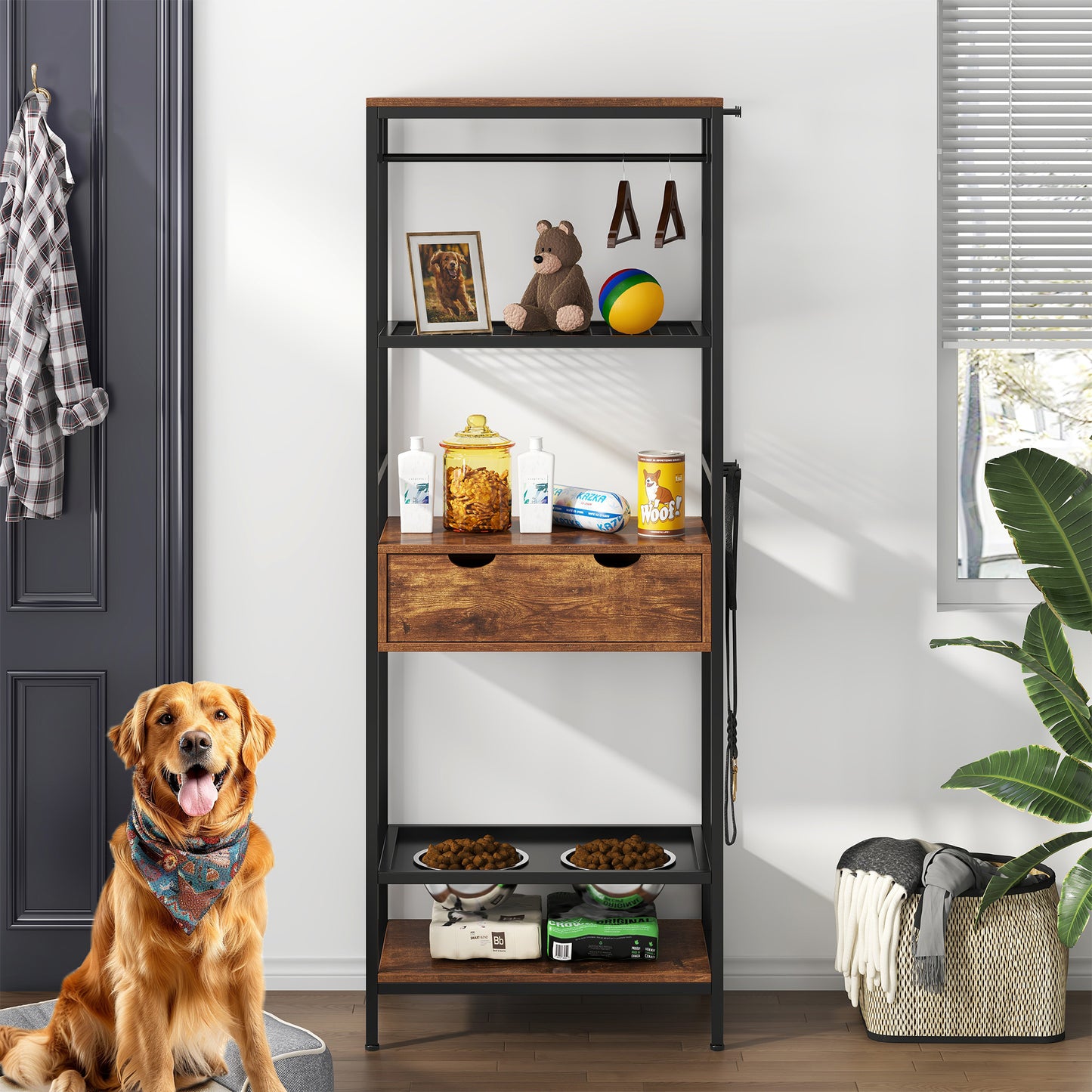 Rustic wood and black metal tiered shelf unit with dog supplies perfect for pet organization