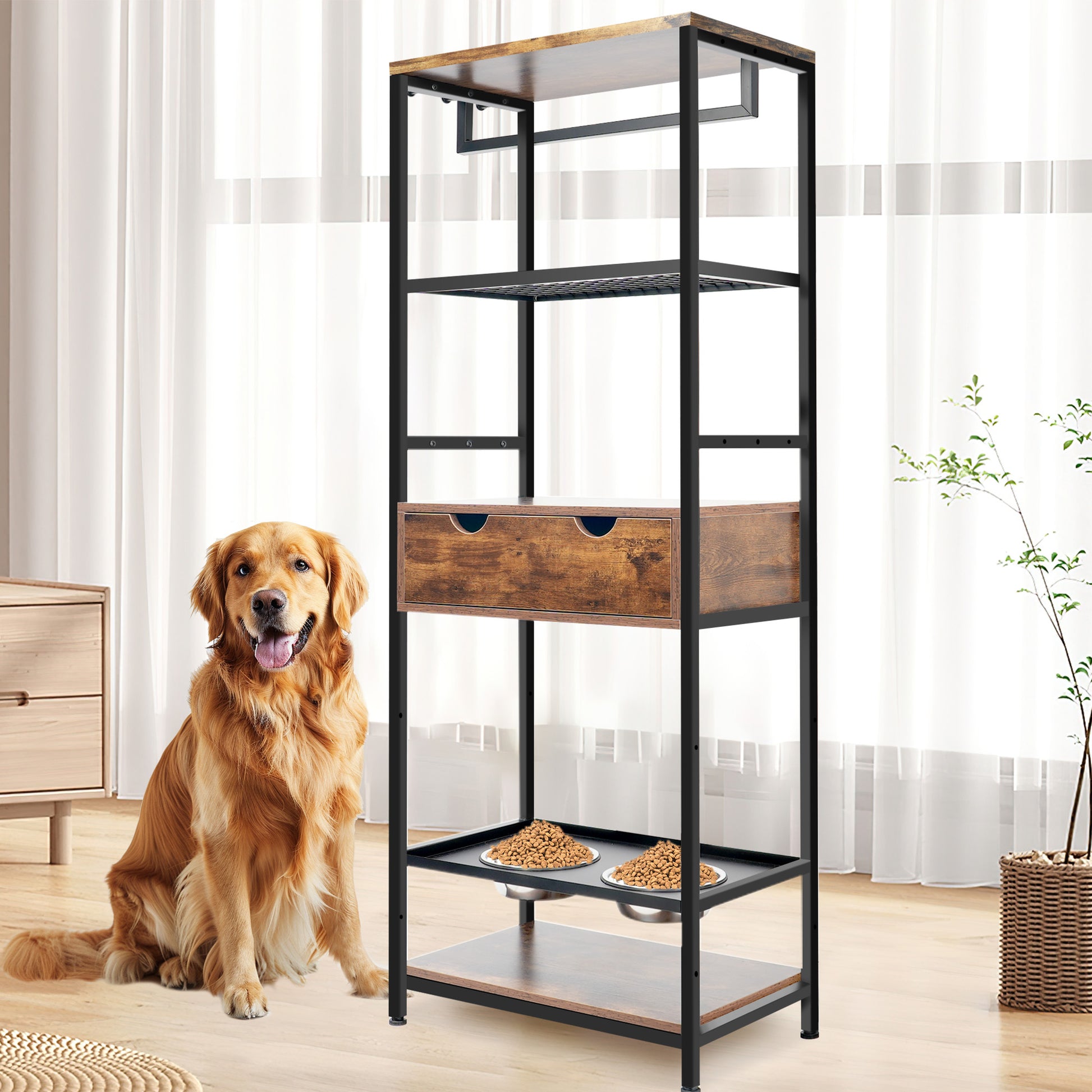 Industrial tall shelving unit with two drawers and integrated pet bowls