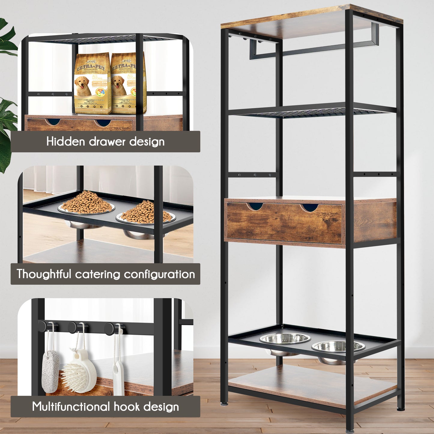 Rustic wood and black metal pet feeding station with drawer and hooks