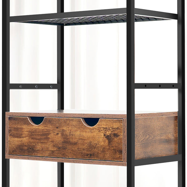 Rustic wood drawer detail on black metal shelving unit