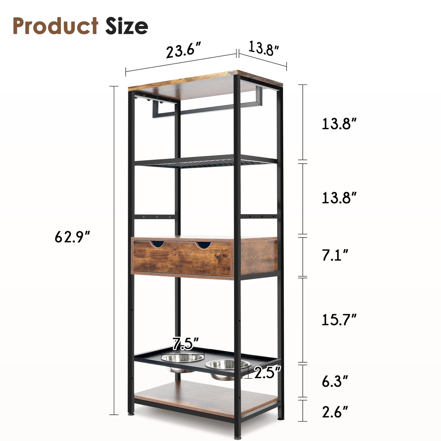 Rustic wood and black metal pet feeding station with dimensions  W x  D x  H