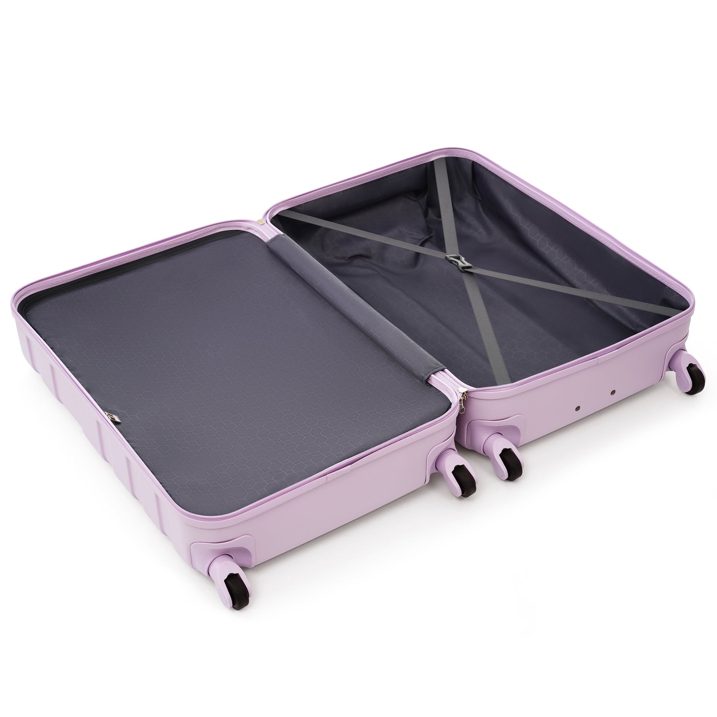 Open lavender hardside luggage with patterned lining and compression straps