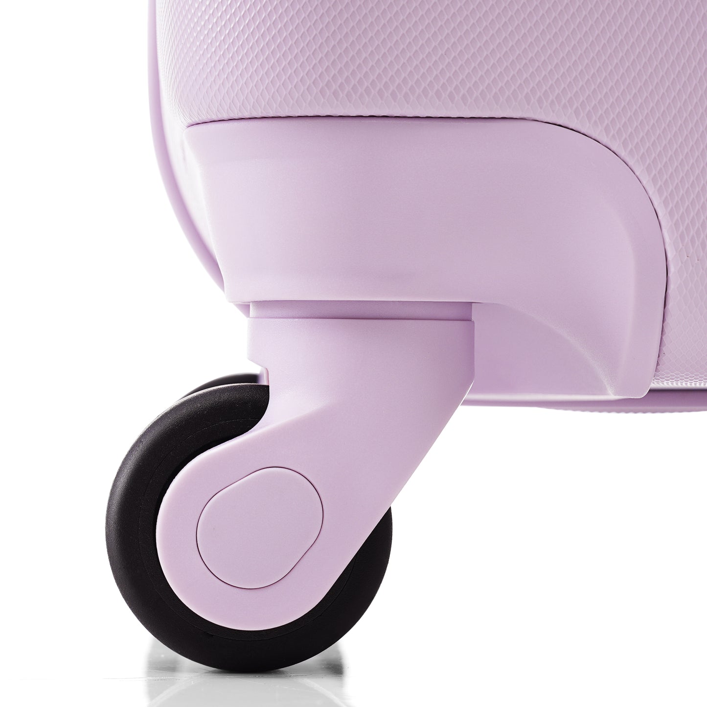 Closeup of a lavender suitcase with a diamond texture and a black spinner wheel