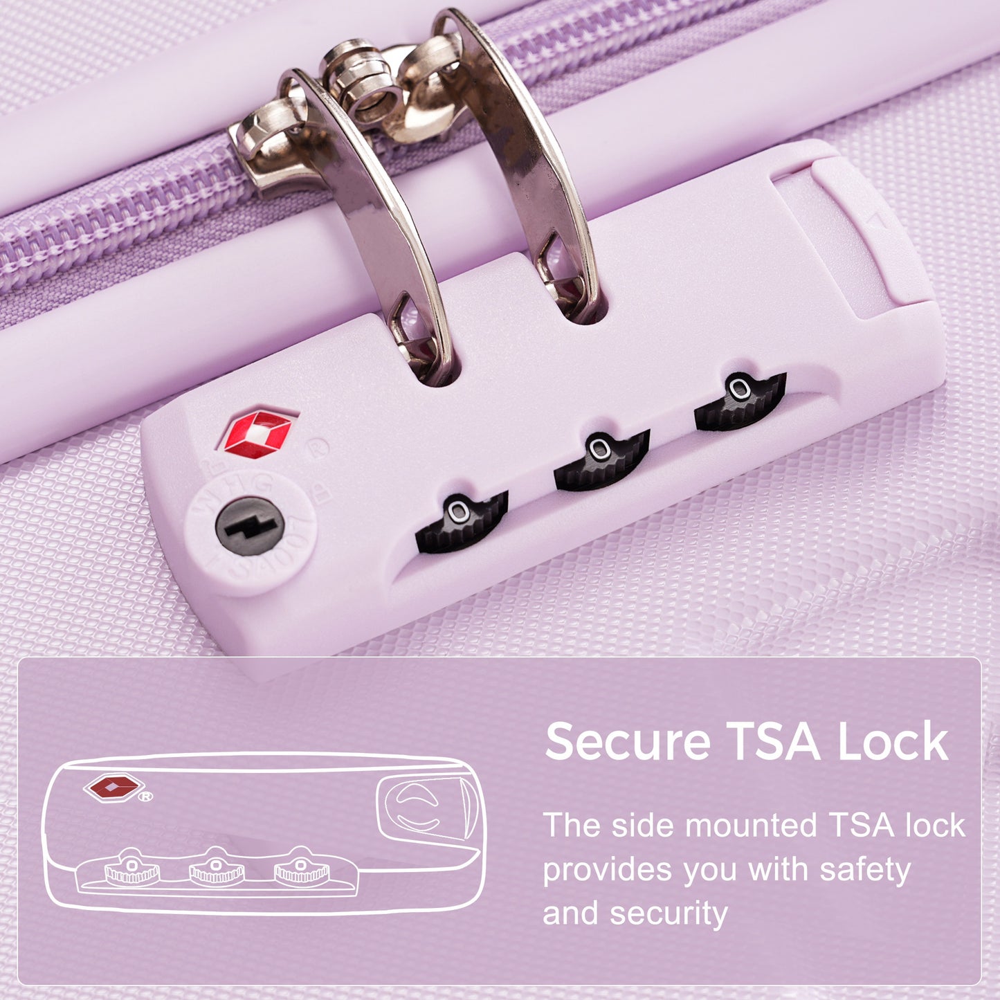 Lavender luggage with integrated TSA lock for secure travel