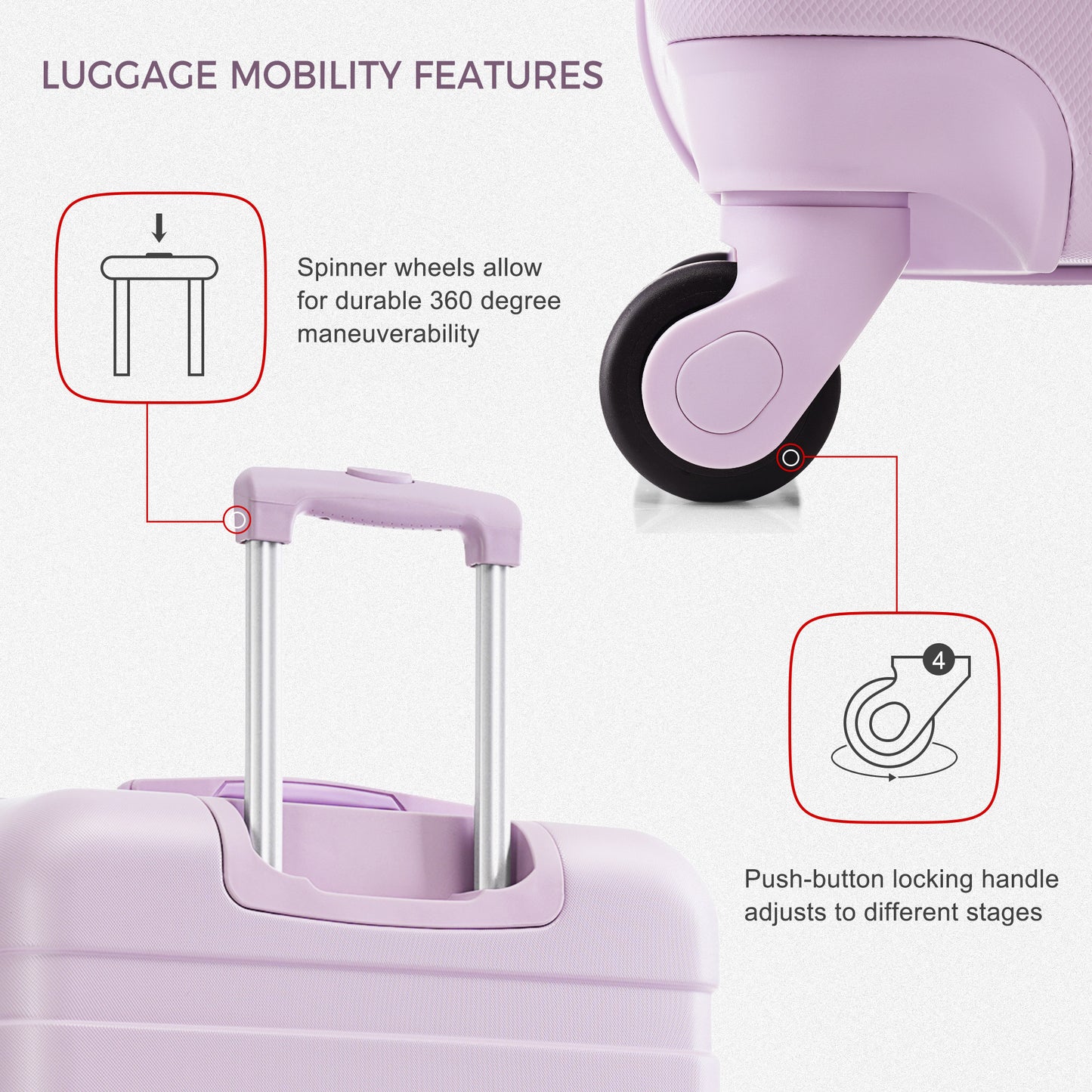 Purple spinner luggage wheel with durable  degree maneuverability