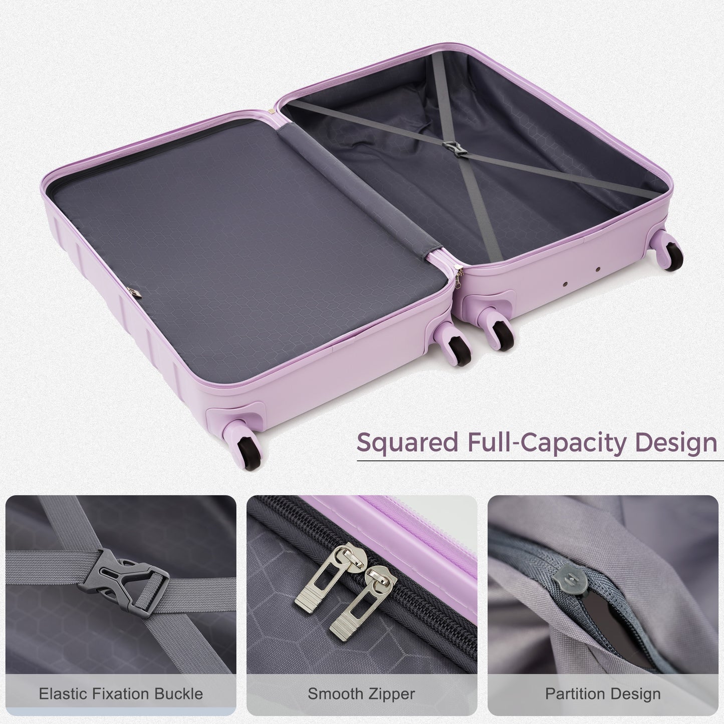 Lavender hardshell suitcase interior with elastic straps and honeycomb pattern lining