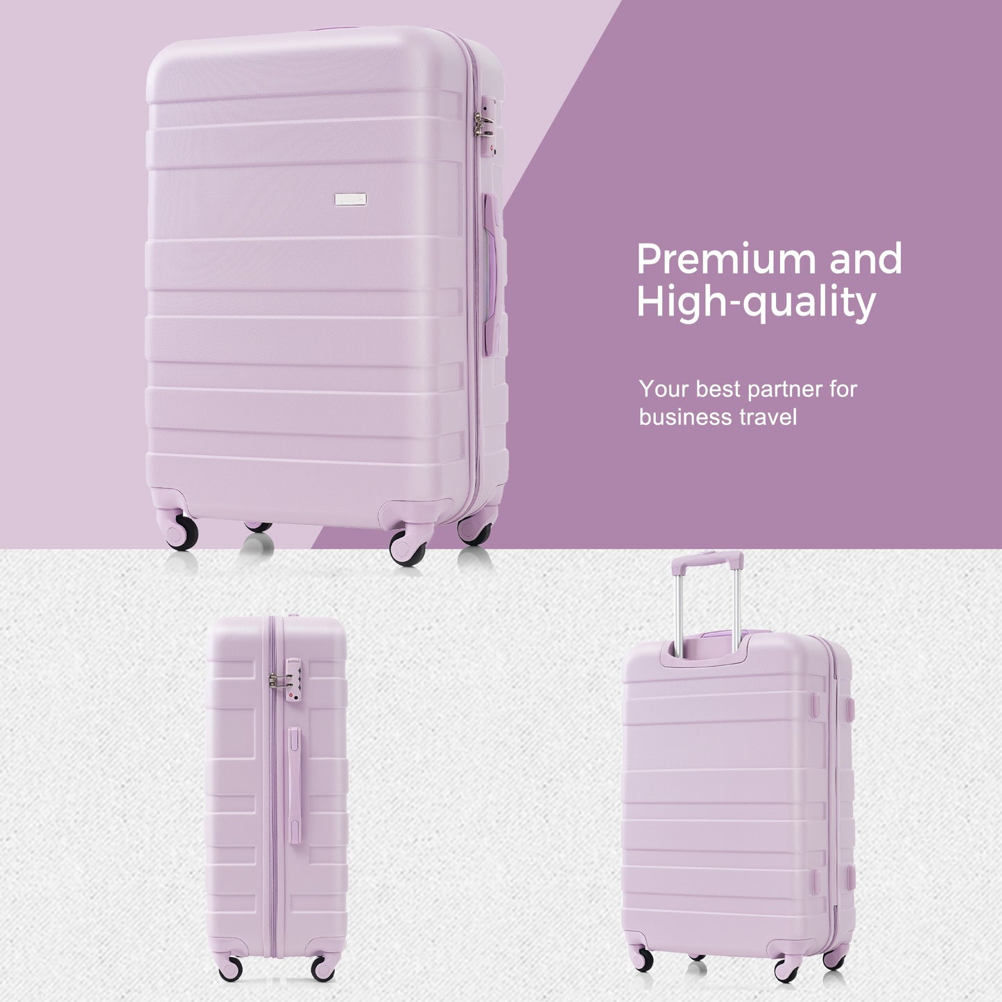 Light purple hardside suitcase with TSA lock and spinner wheels for travel