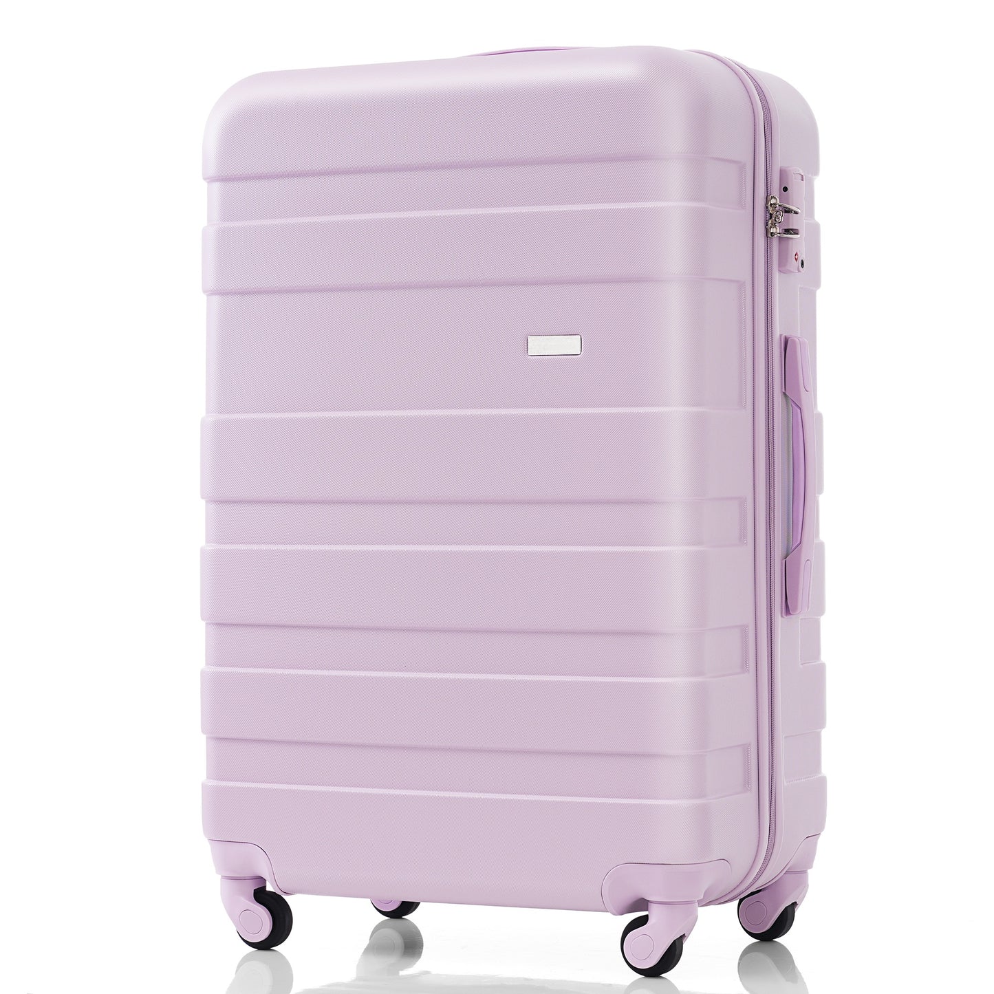 Light lavender hardside spinner suitcase with embossed horizontal lines and TSA lock