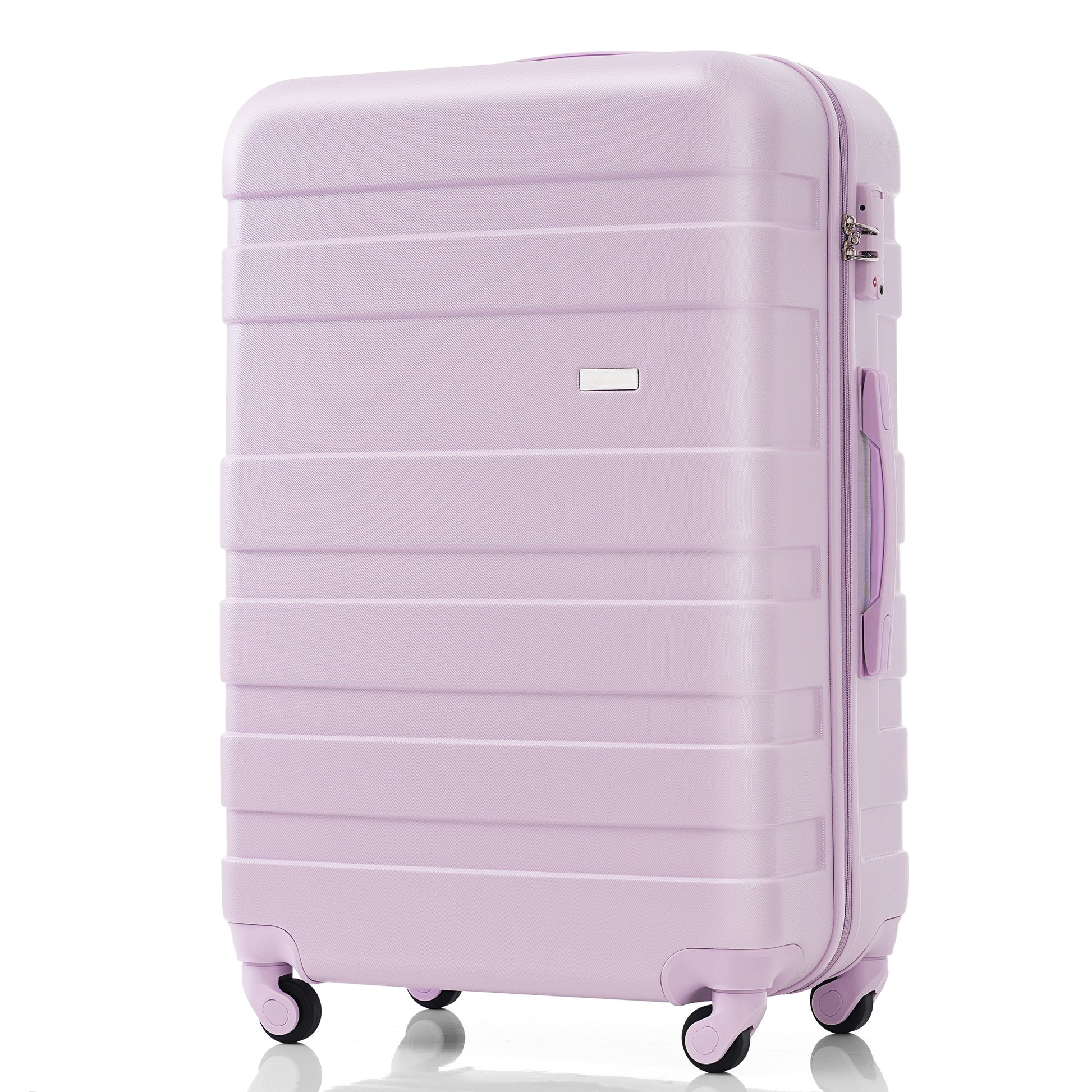 Light lavender hardside spinner suitcase with embossed horizontal lines and TSA lock