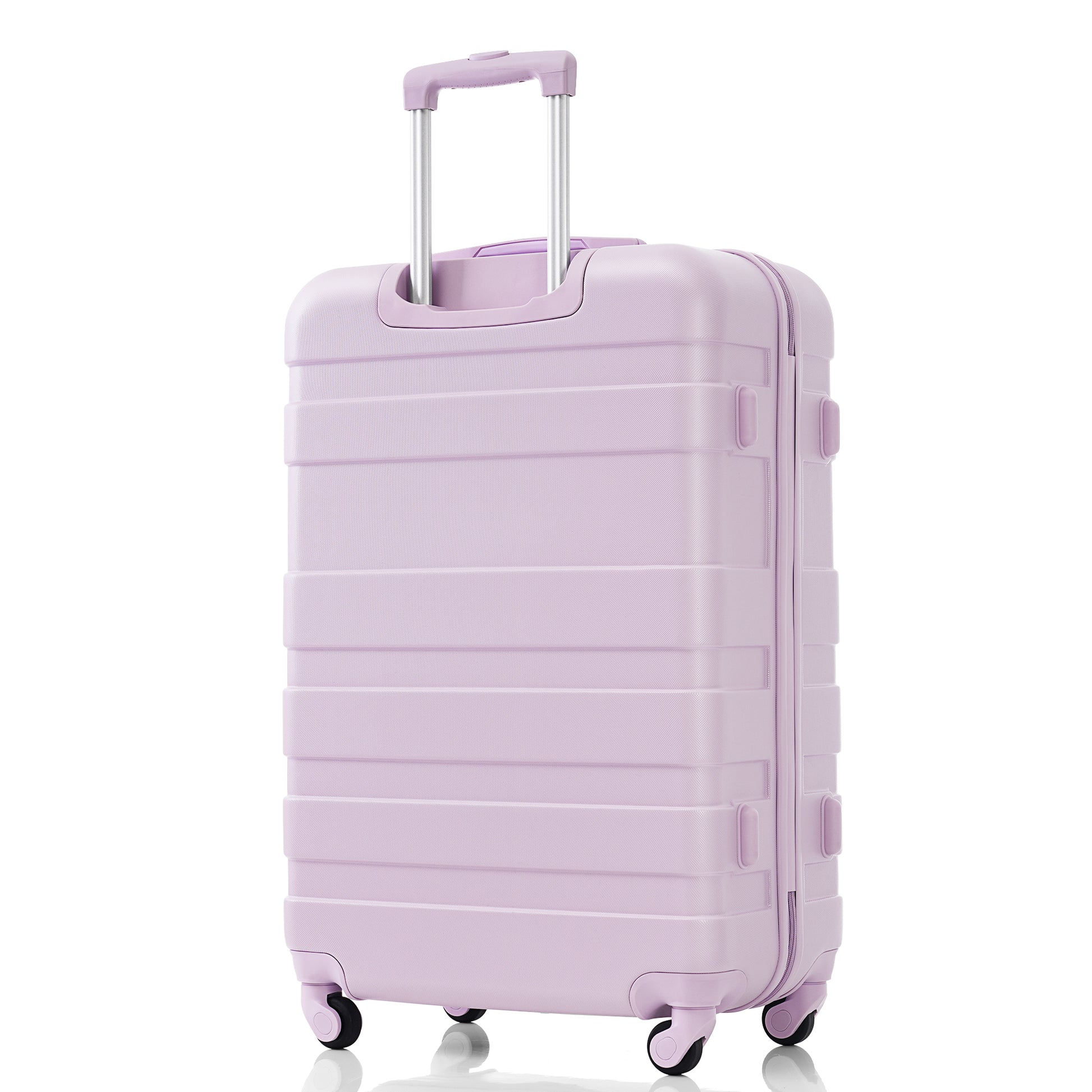 Light purple hardside suitcase with textured exterior and four spinner wheels