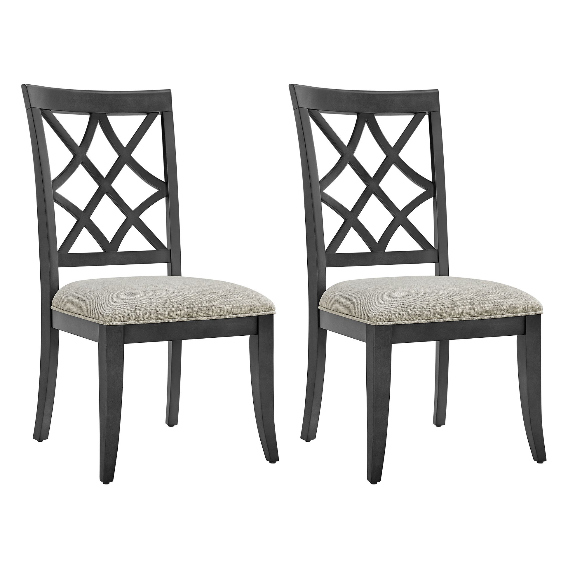 Two dark gray dining chairs with upholstered seat cushions and decorative lattice backs