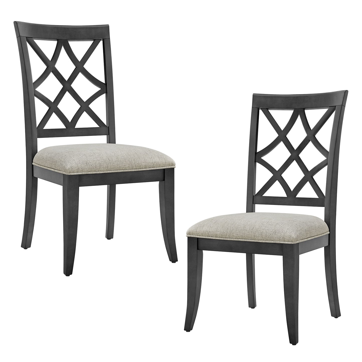 Two dark wood dining chairs with diamond lattice backs and beige upholstered seats