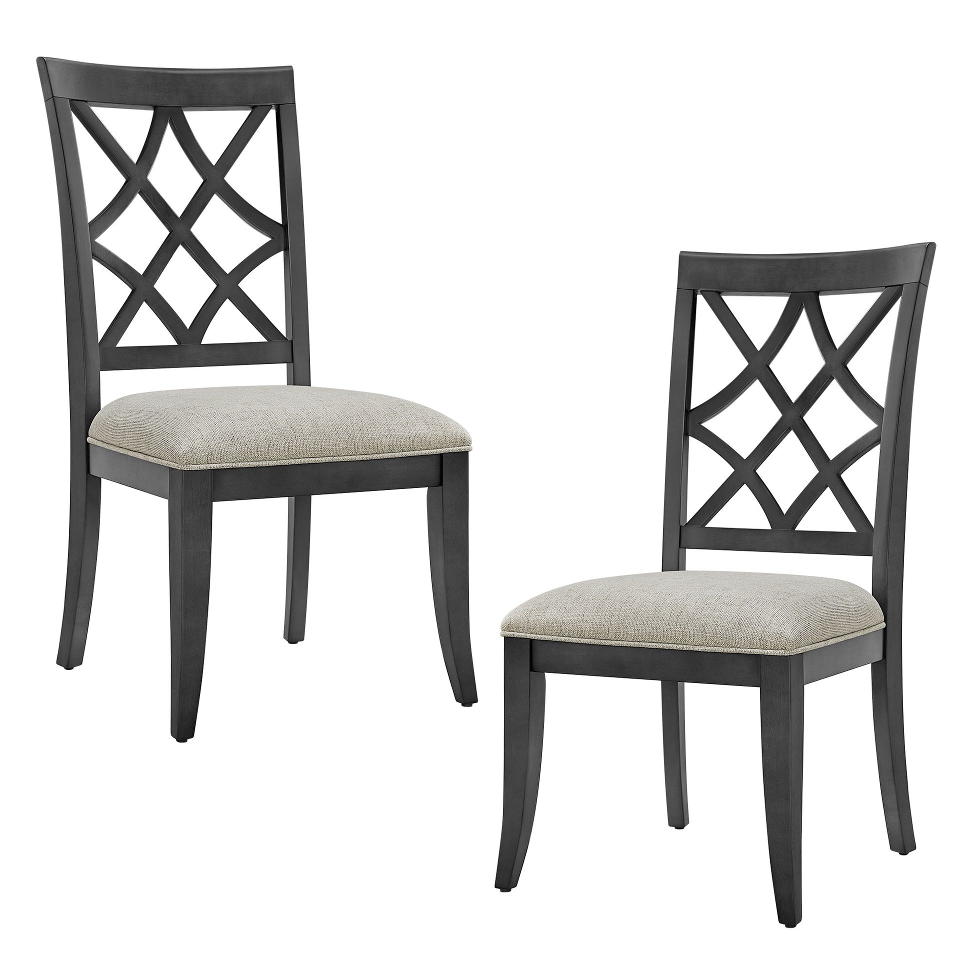 Two dark wood dining chairs with diamond lattice backs and beige upholstered seats