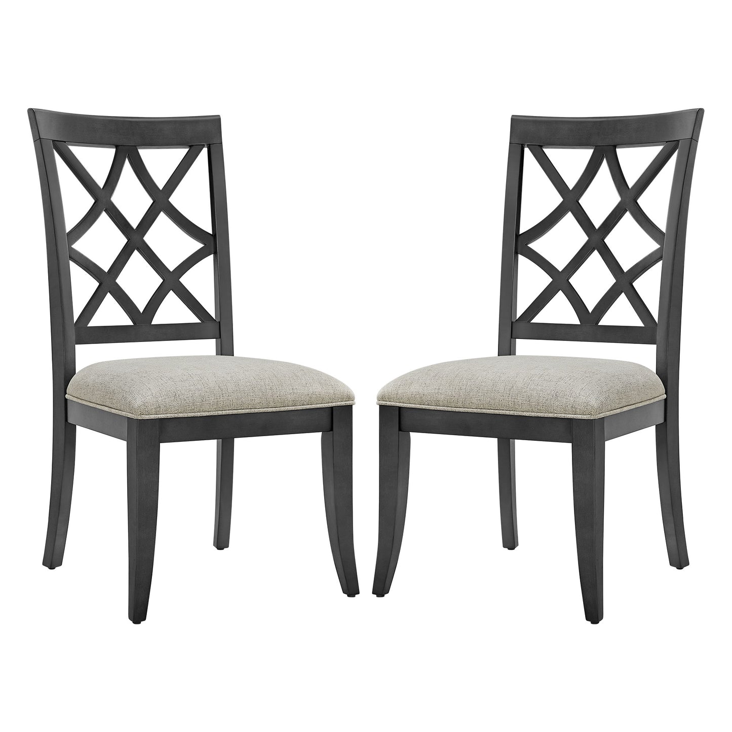 Dark gray dining chairs with upholstered seat and diamond lattice back