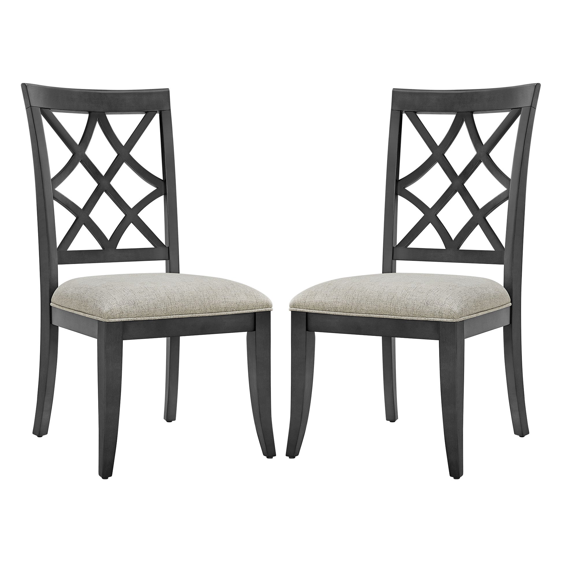 Dark gray dining chairs with upholstered seat and diamond lattice back