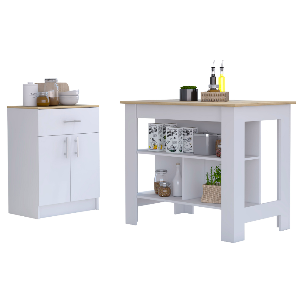 White kitchen island with natural wood top and open shelves