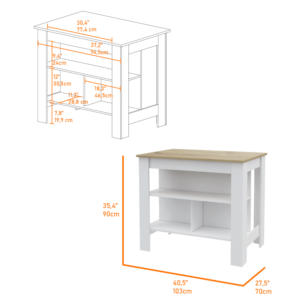 Modern white kitchen island with oak countertop and open shelving