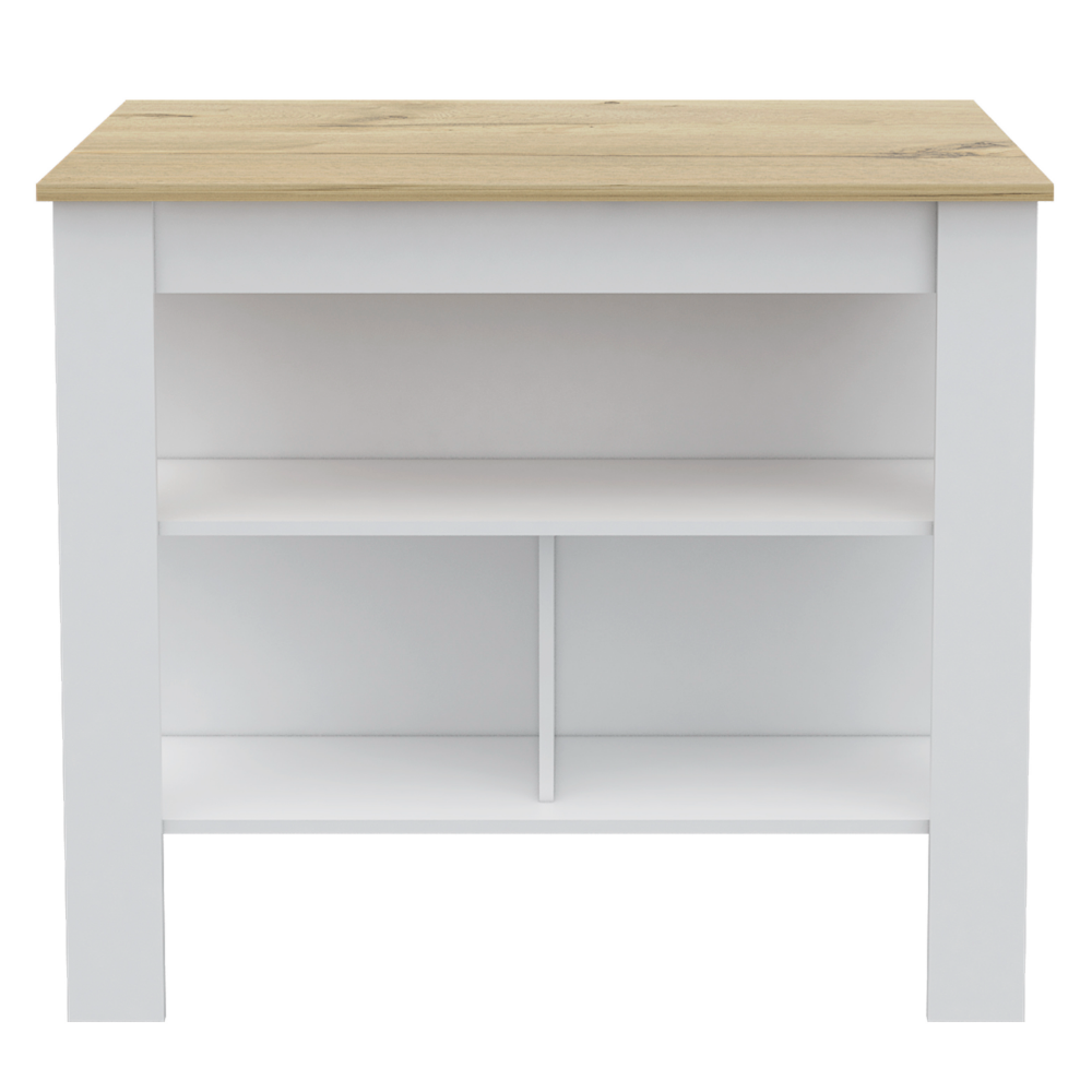 Modern white console table with oak wood top and open shelving