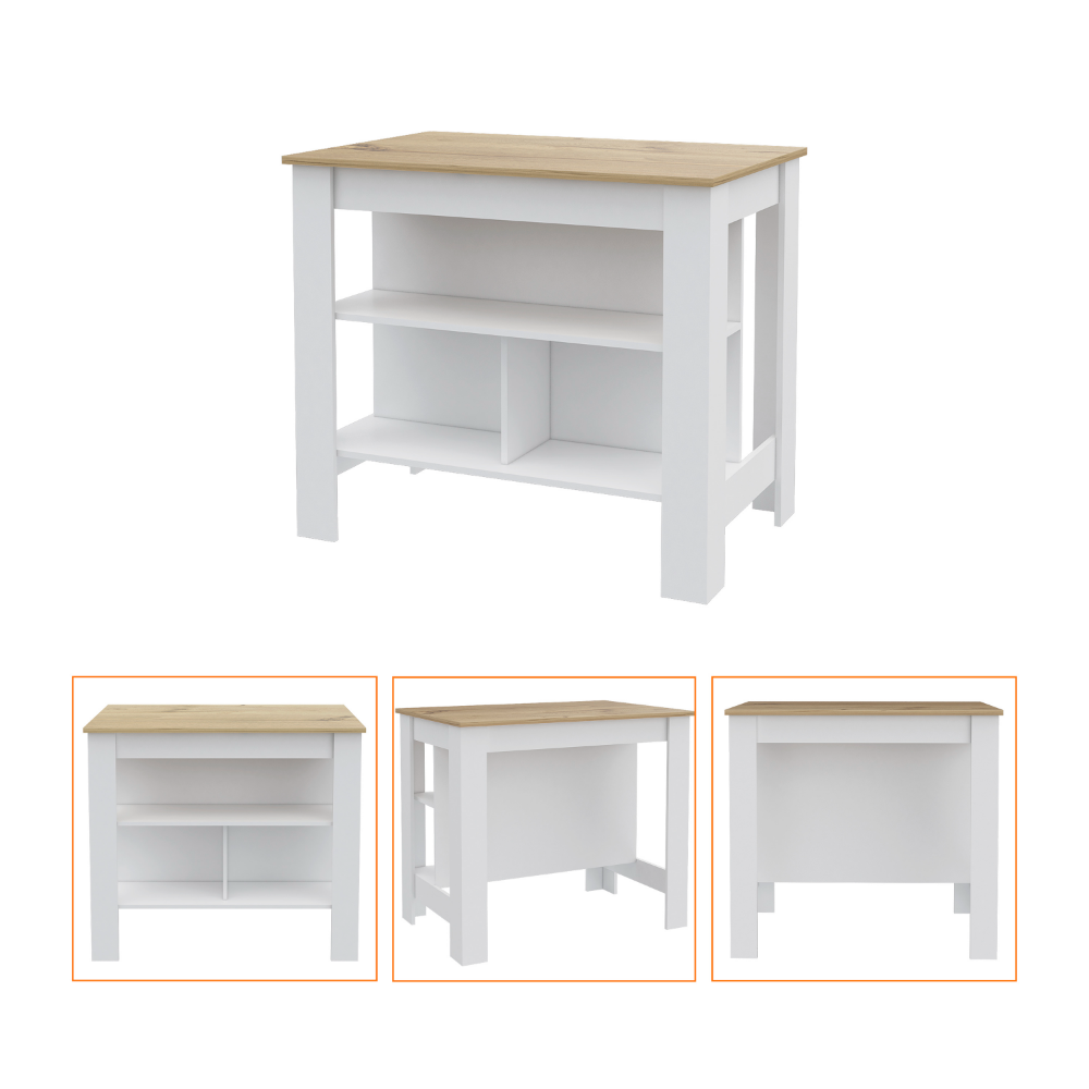 Compact kitchen island with white base and oakeffect top