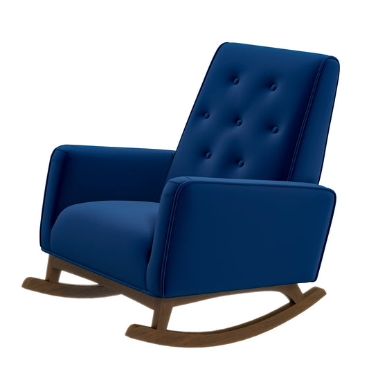 Deep blue velvet tufted rocking chair with wooden base