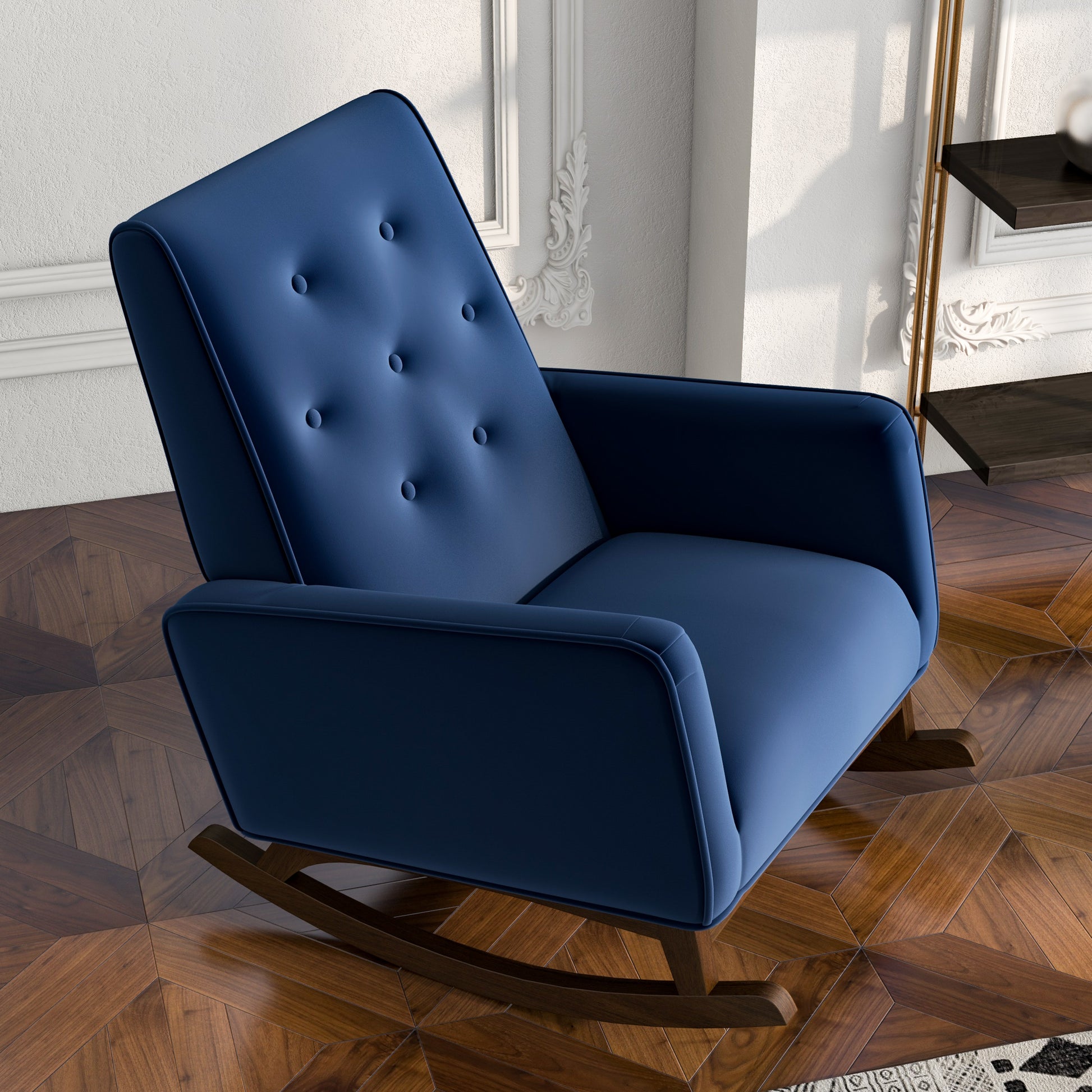 Tufted navy blue velvet rocking chair with wooden base perfect for nursery comfort