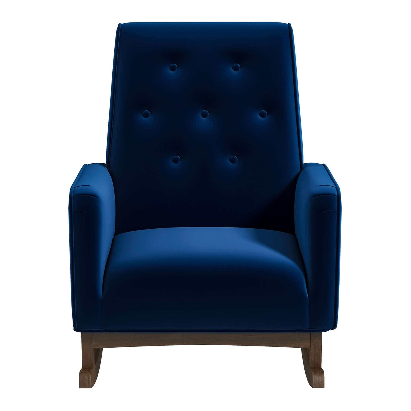 Tufted navy velvet armchair with dark wood legs perfect for a cozy reading nook
