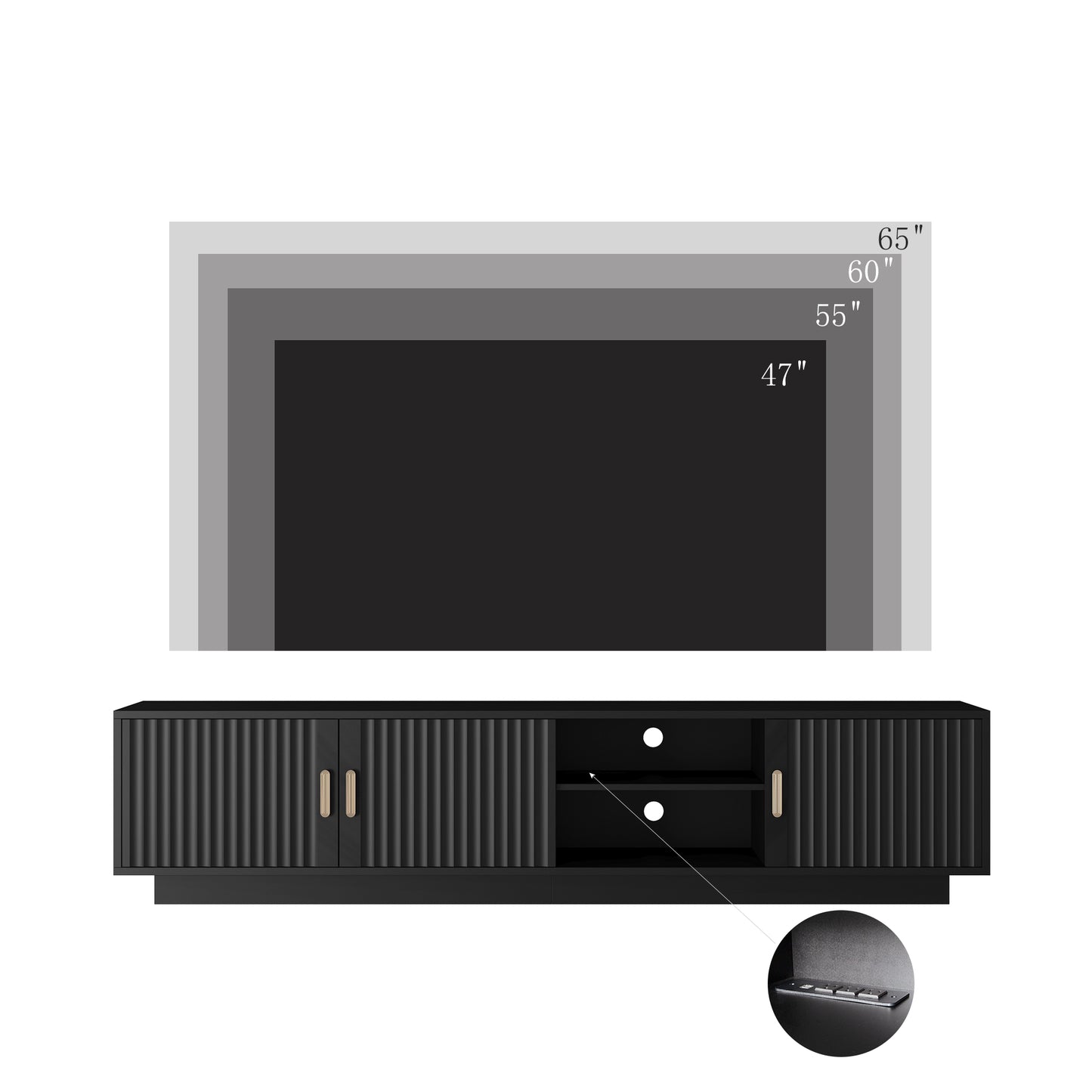 Sleek black media console with fluted door design and gold handles fits up to  TV