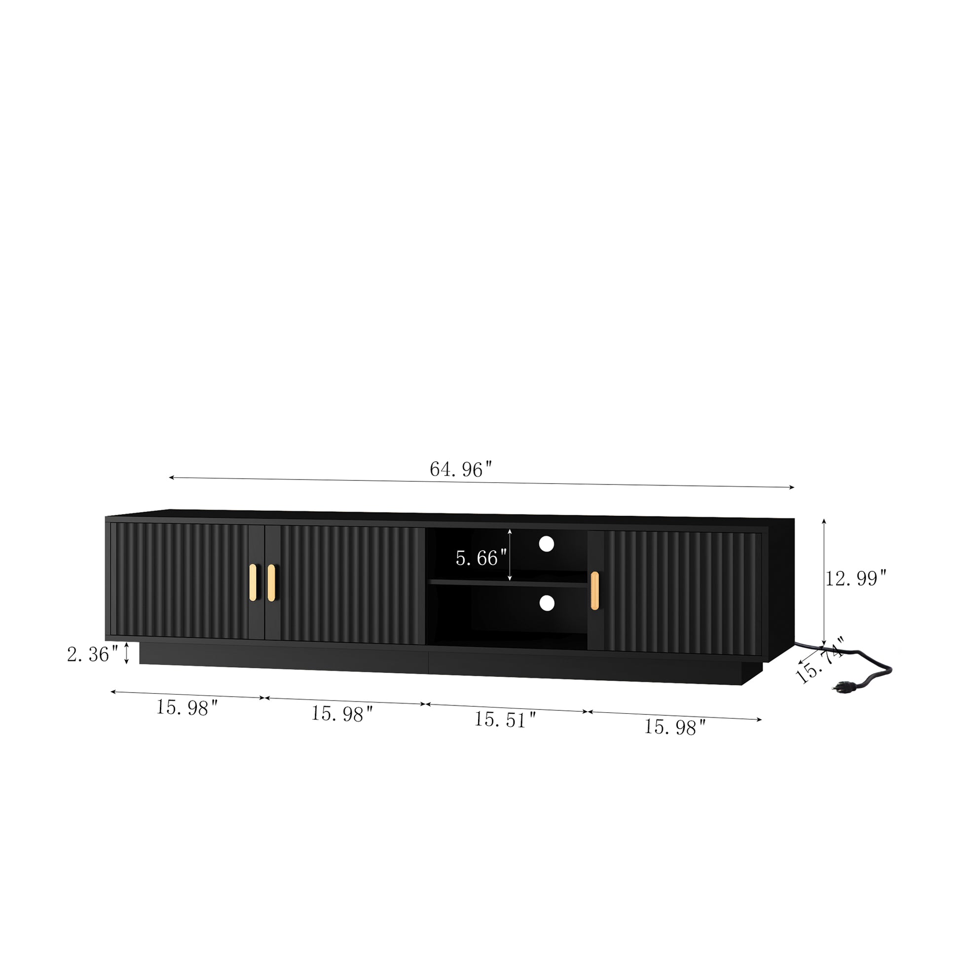 Modern black media console with fluted door fronts and gold hardware Holds TV and entertainment devices