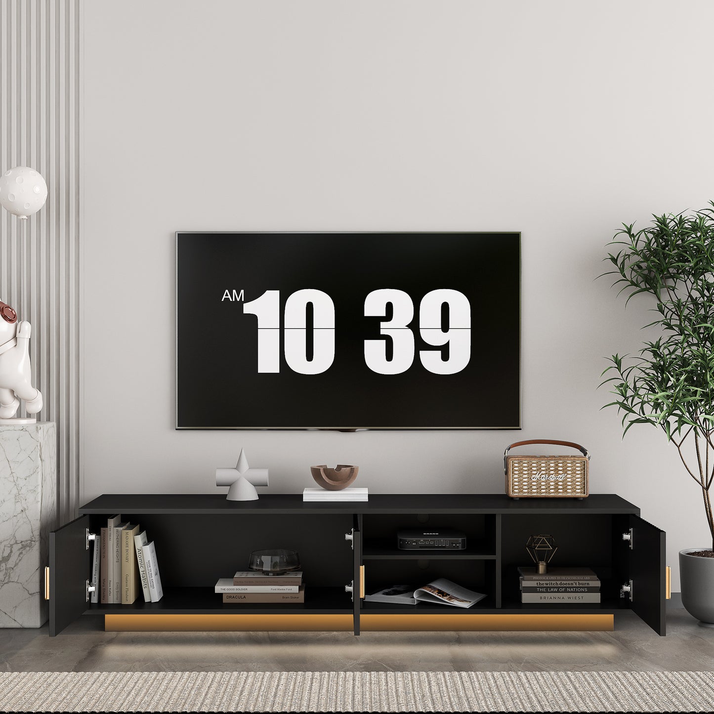Modern black TV stand with gold accents and open shelving stylish media console