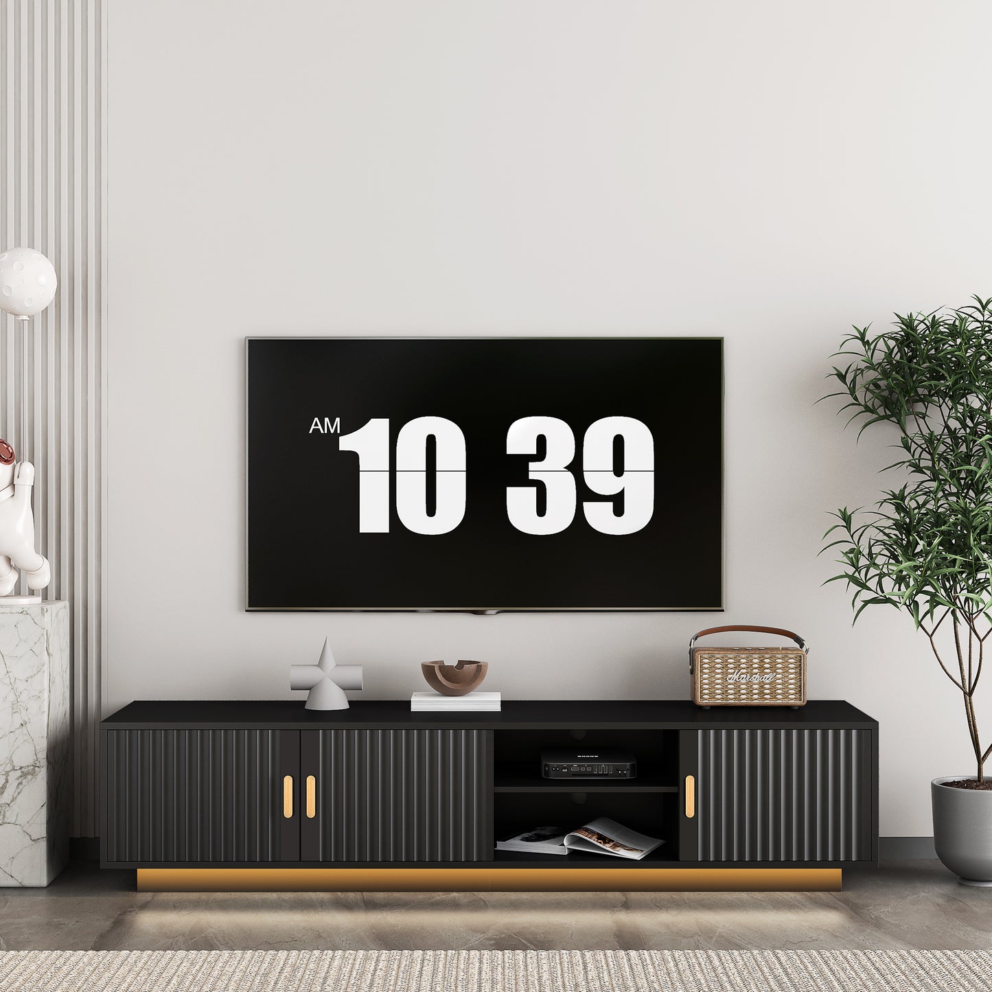Modern black TV stand with fluted door fronts and gold accents