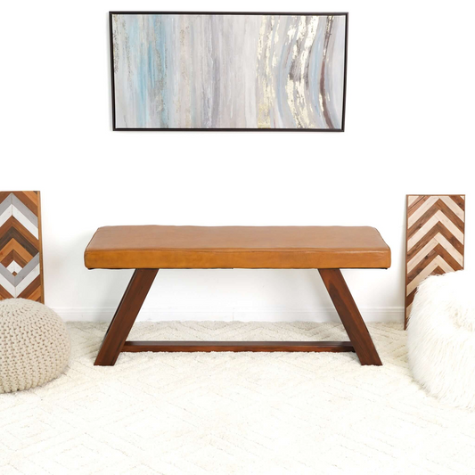 Brown leather bench with dark wood legs perfect for entryway seating